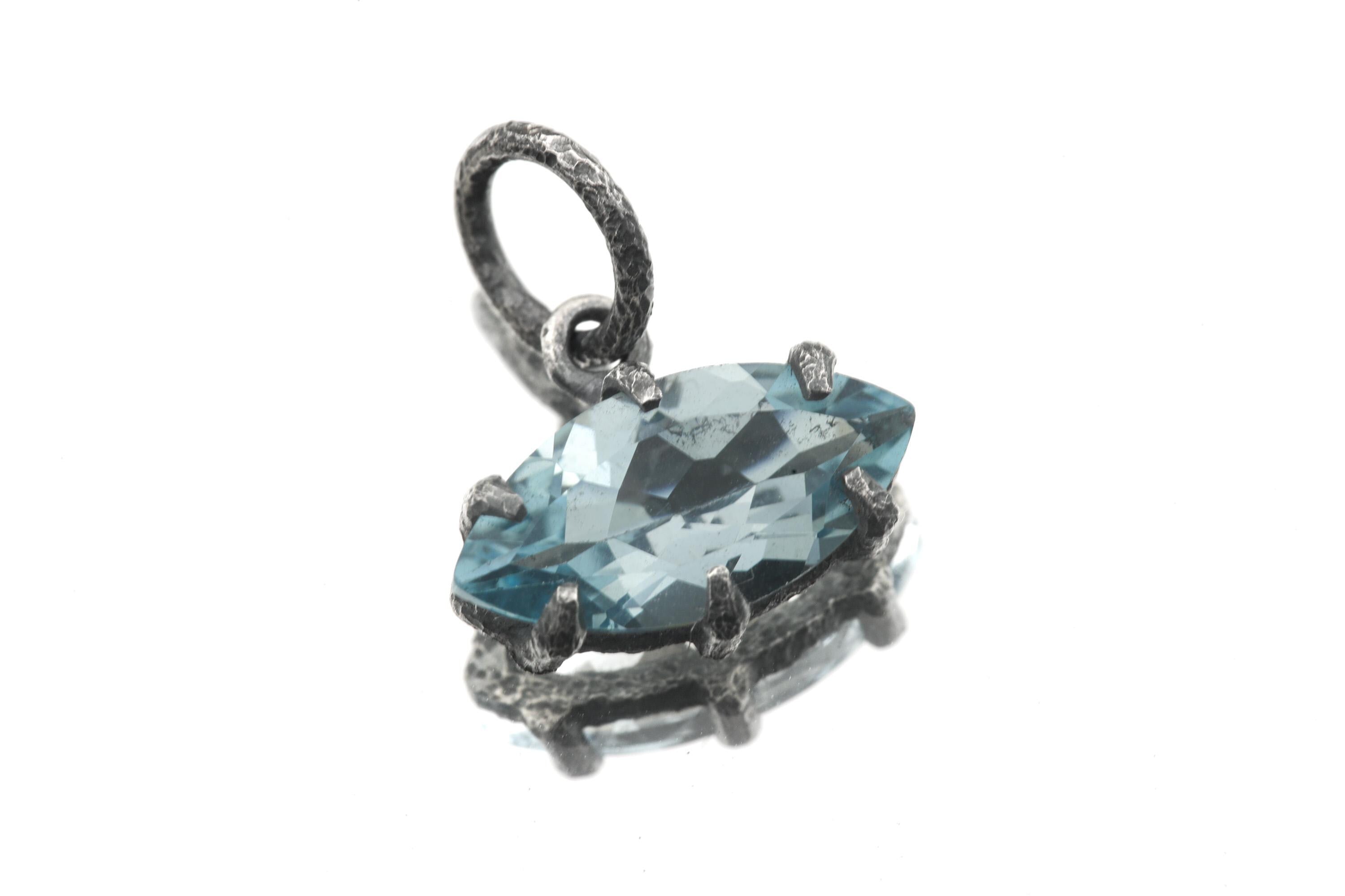 Claw Set Blue Topaz Eye Pendant 925 Sterling Silver Marquise Faceted Necklace Oxidized Sand Texture Throat Chakra December Birthstone Gift