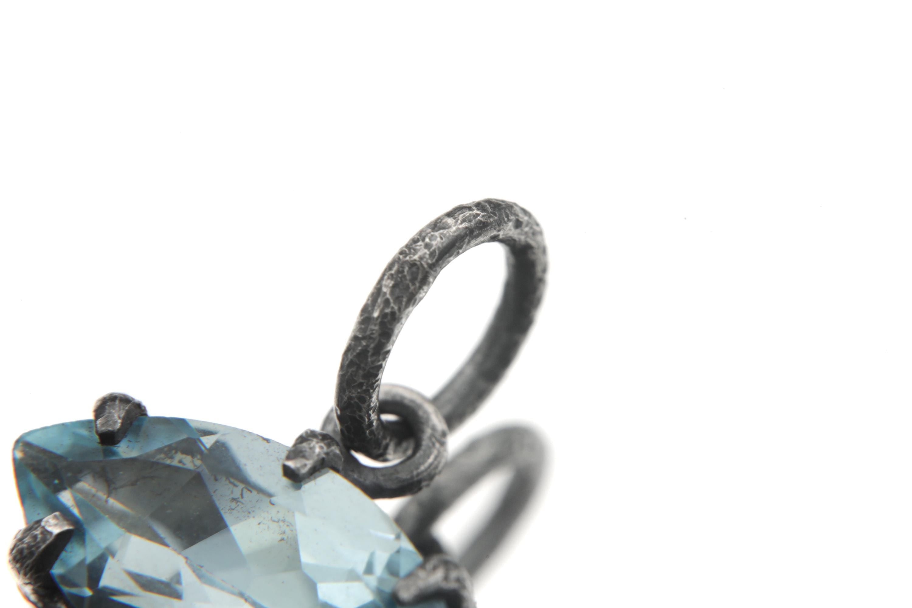 Claw Set Blue Topaz Eye Pendant 925 Sterling Silver Marquise Faceted Necklace Oxidized Sand Texture Throat Chakra December Birthstone Gift