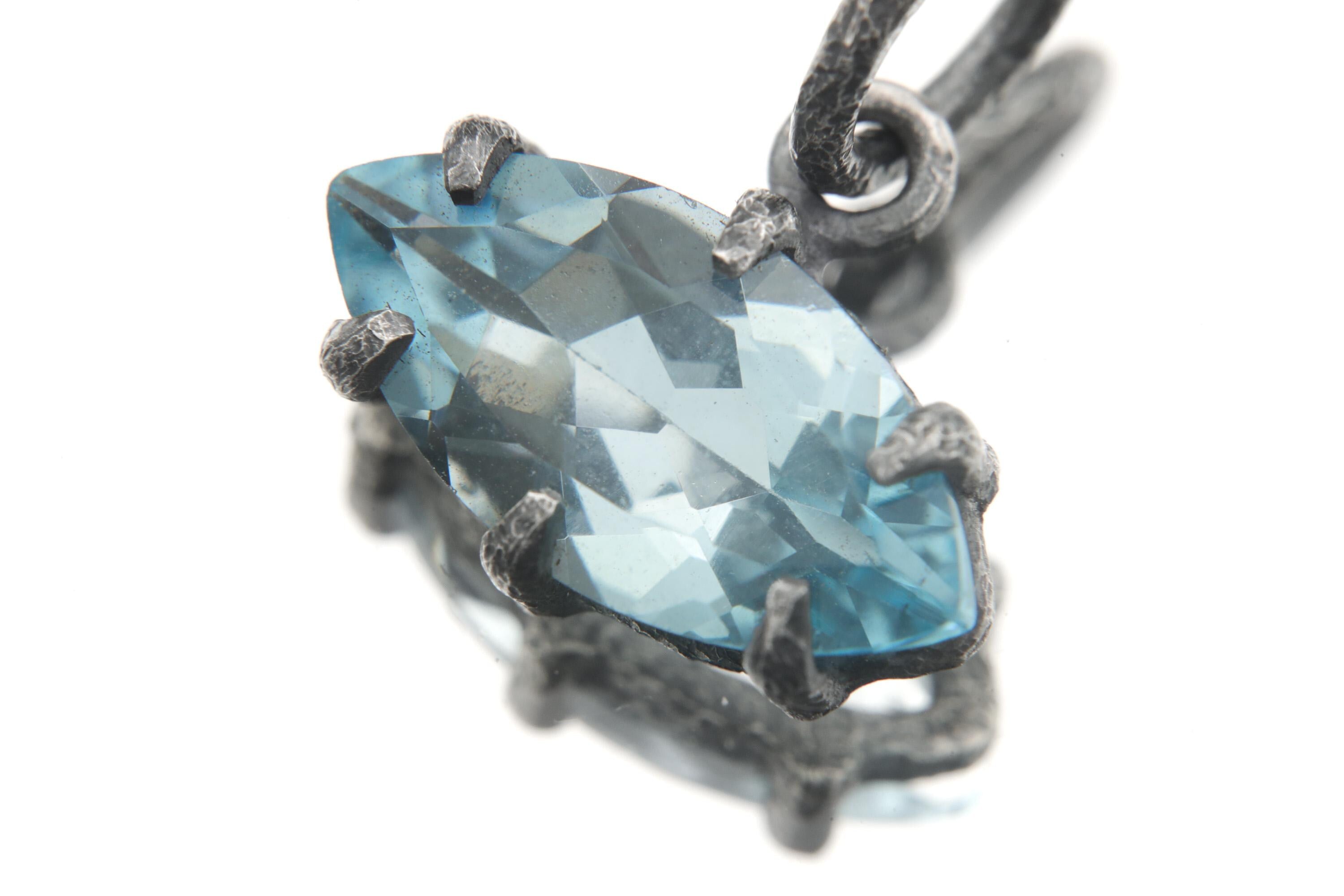Claw Set Blue Topaz Eye Pendant 925 Sterling Silver Marquise Faceted Necklace Oxidized Sand Texture Throat Chakra December Birthstone Gift
