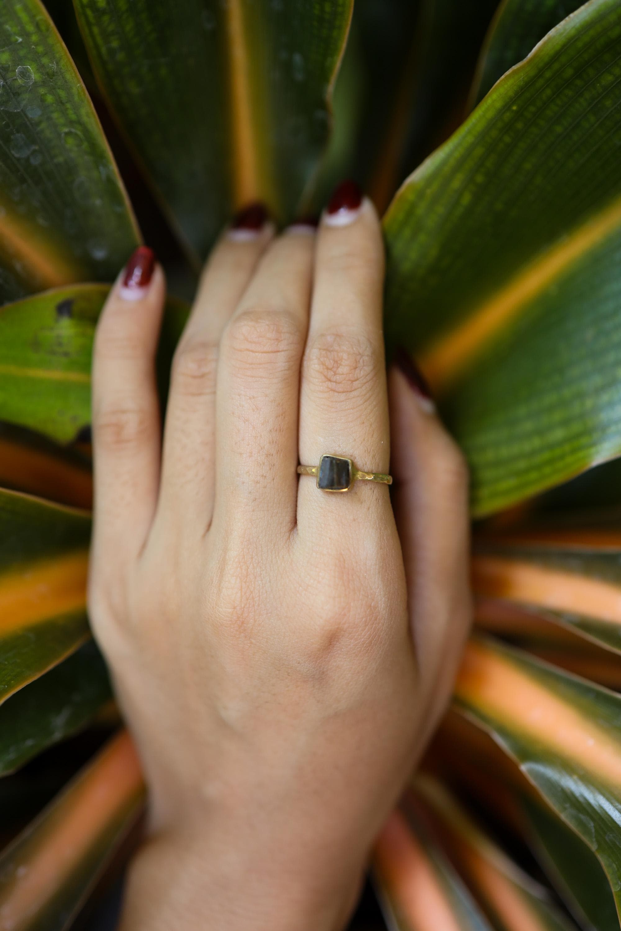 Gold Plated Pyrite Ring: Hammered Sterling Silver Band, Size 5 1/2