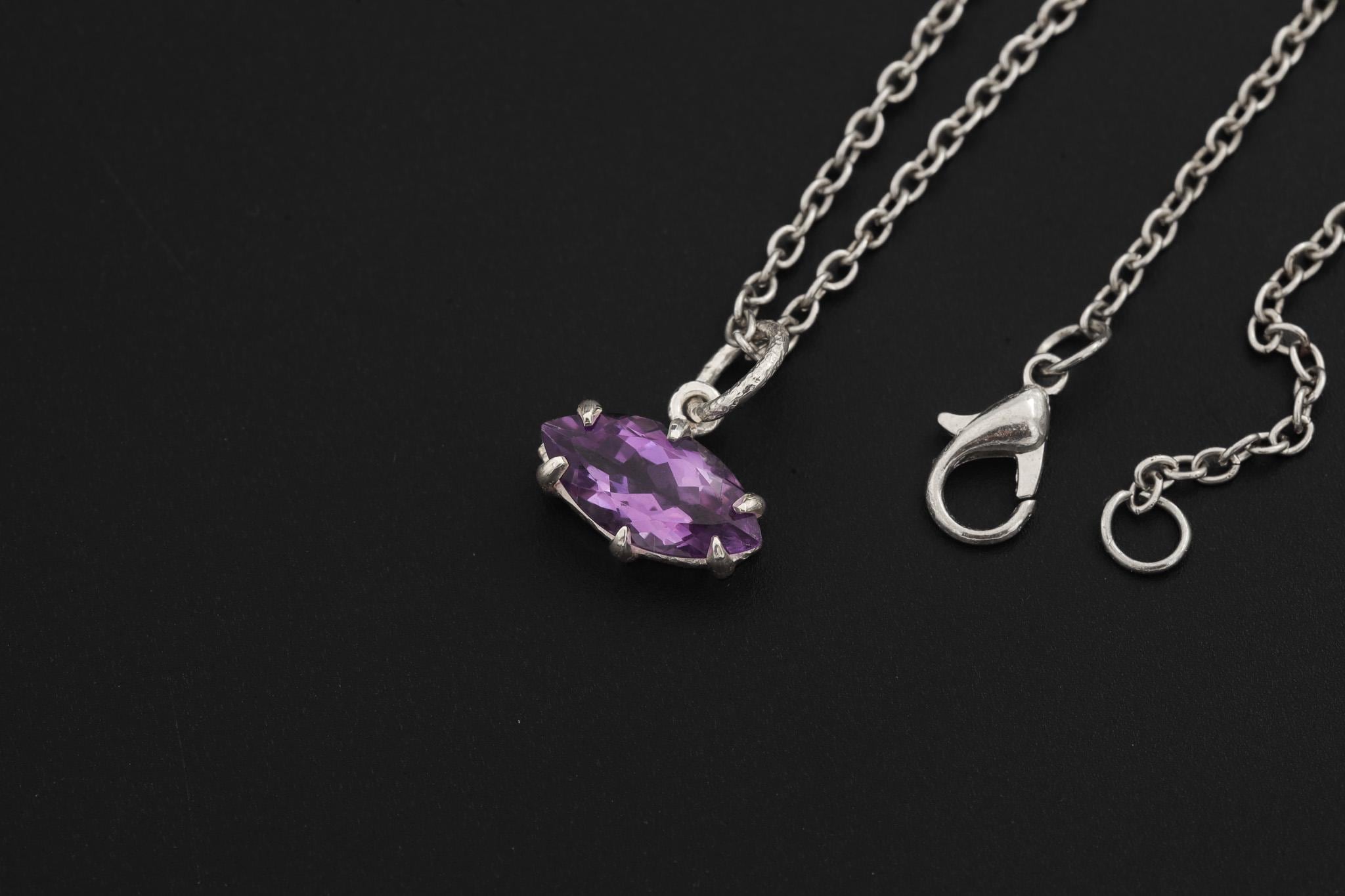 Amethyst Eye Pendant 925 Sterling Silver Claw Set High Shine Marquise Necklace Crown Third Eye Chakra Pisces Gift