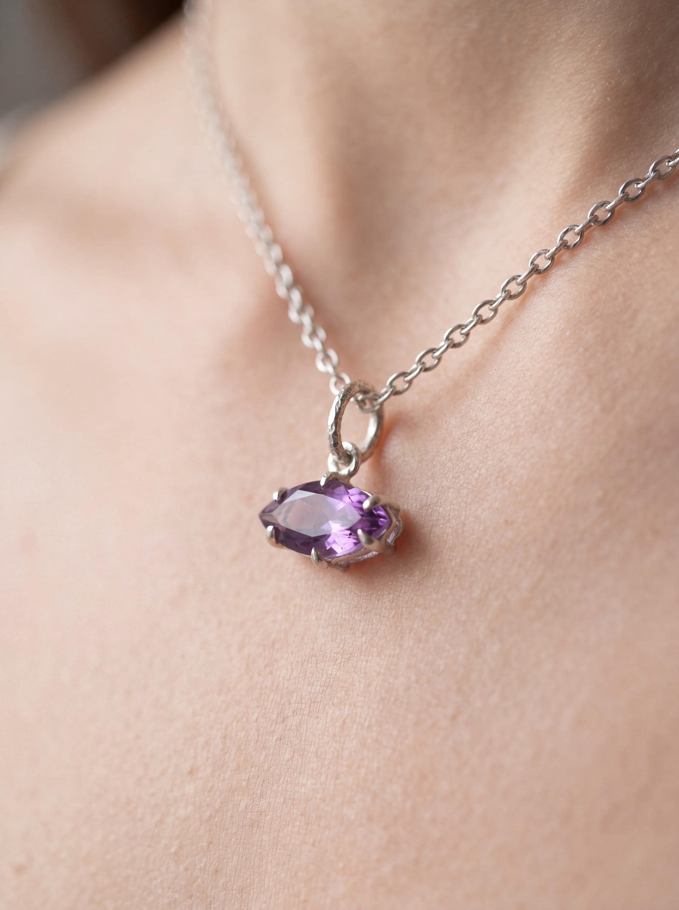 Amethyst Eye Pendant 925 Sterling Silver Claw Set High Shine Marquise Necklace Crown Third Eye Chakra Pisces Gift