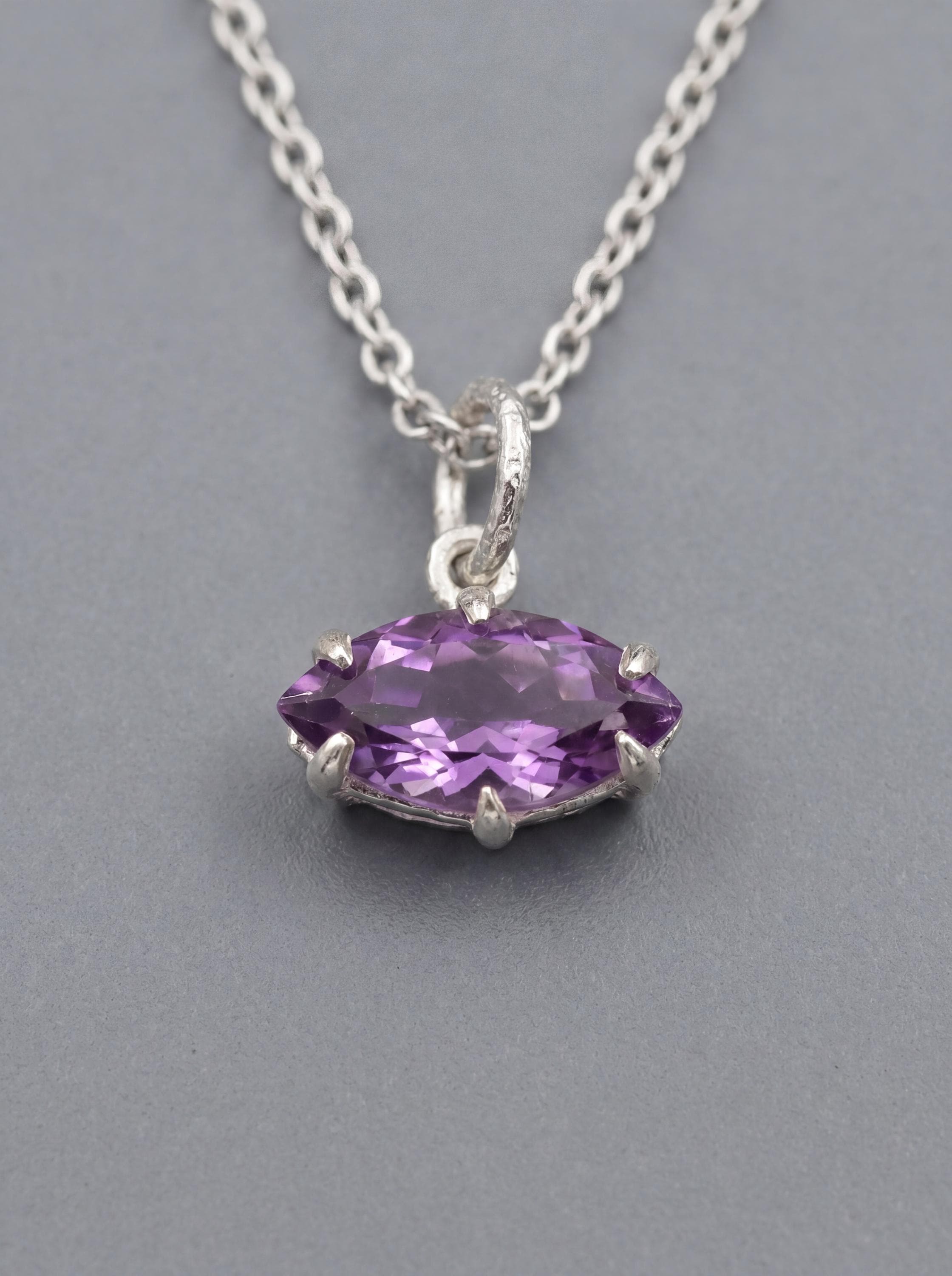 Amethyst Eye Pendant 925 Sterling Silver Claw Set High Shine Marquise Necklace Crown Third Eye Chakra Pisces Gift