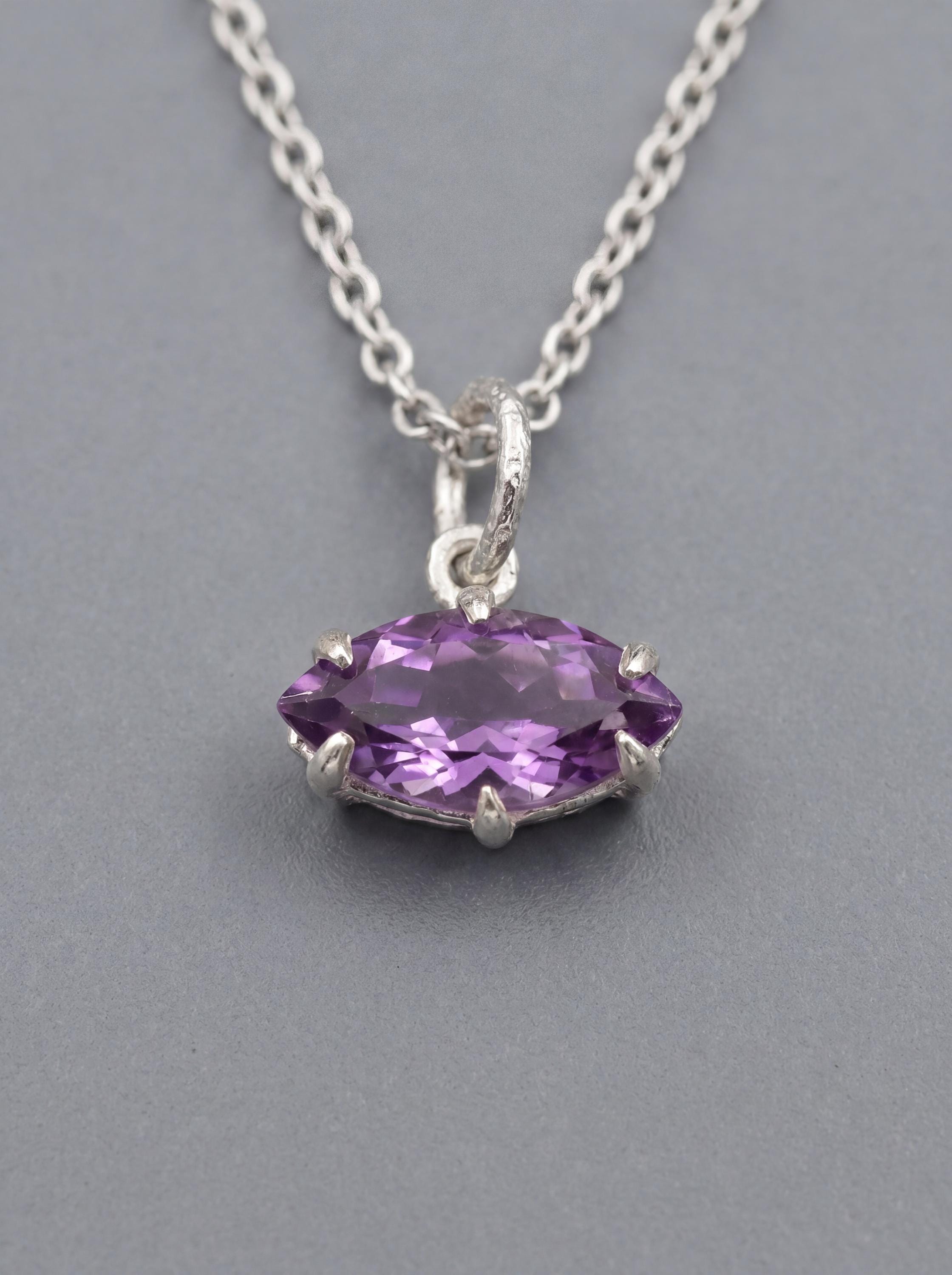 Amethyst Eye Pendant 925 Sterling Silver Claw Set High Shine Marquise Necklace Crown Third Eye Chakra Pisces Gift