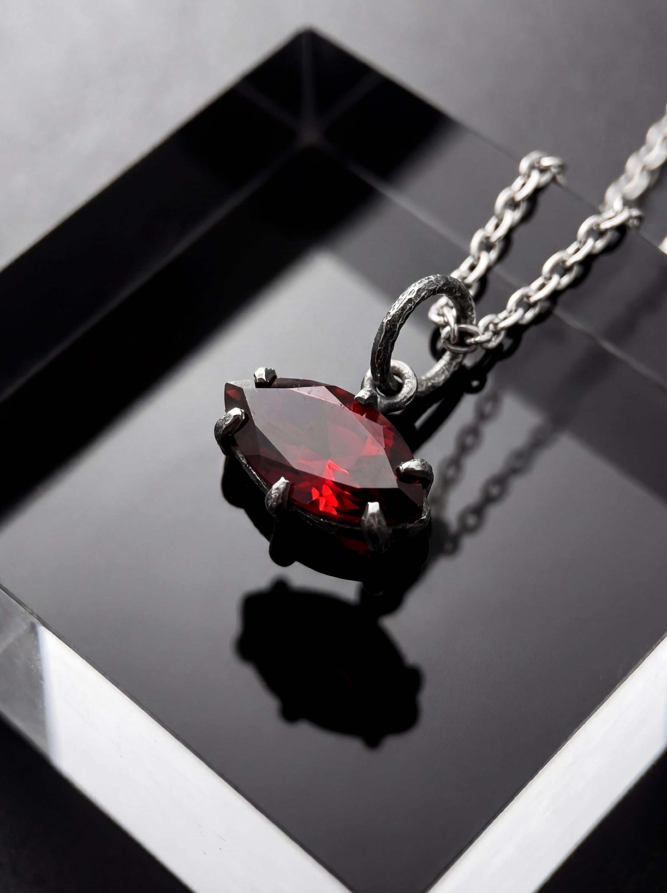 Garnet Marquise Pendant 925 Sterling Silver Sand Textured Oxidized Claw Necklace Root Chakra January Birthstone Gift