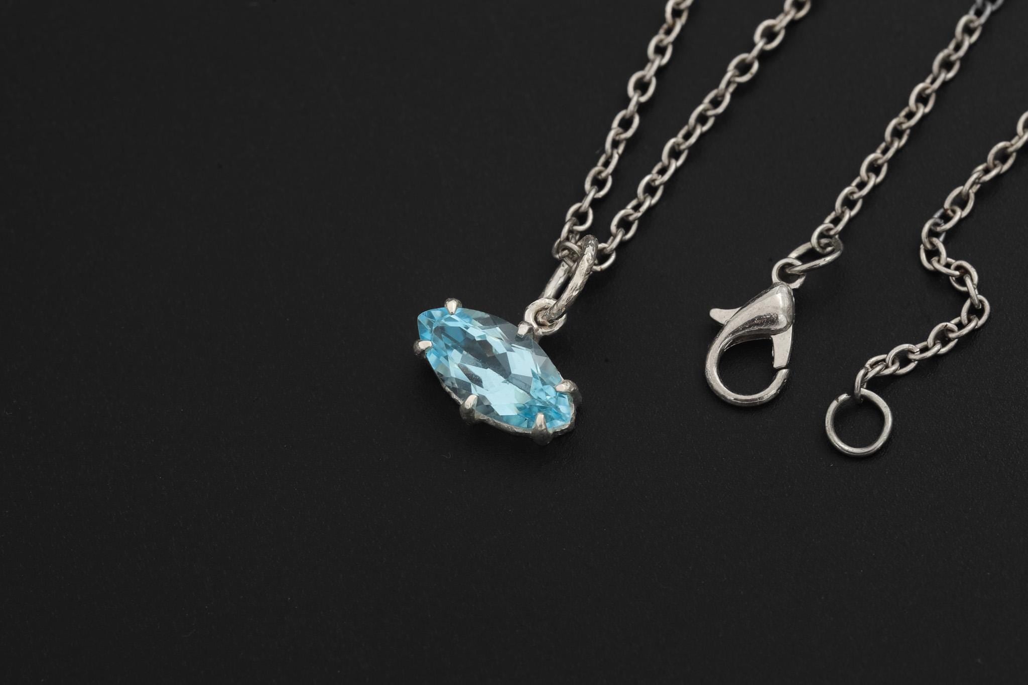 Blue Topaz Eye Pendant 925 Silver Marquise Faceted Claw Set Necklace Shiny Sand Texture Sky Blue Gemstone Throat Chakra Jewelry