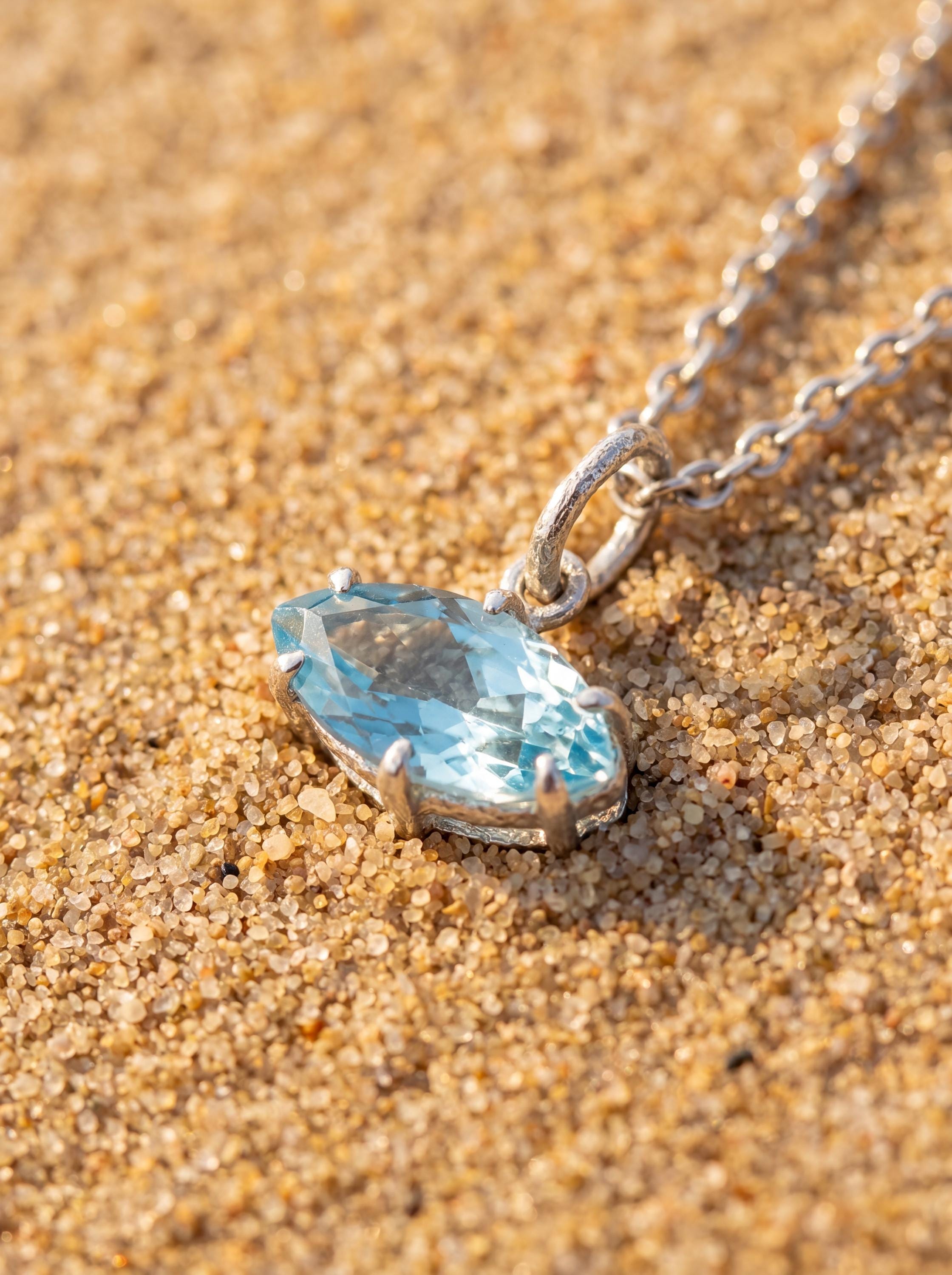 Blue Topaz Eye Pendant 925 Silver Marquise Faceted Claw Set Necklace Shiny Sand Texture Sky Blue Gemstone Throat Chakra Jewelry