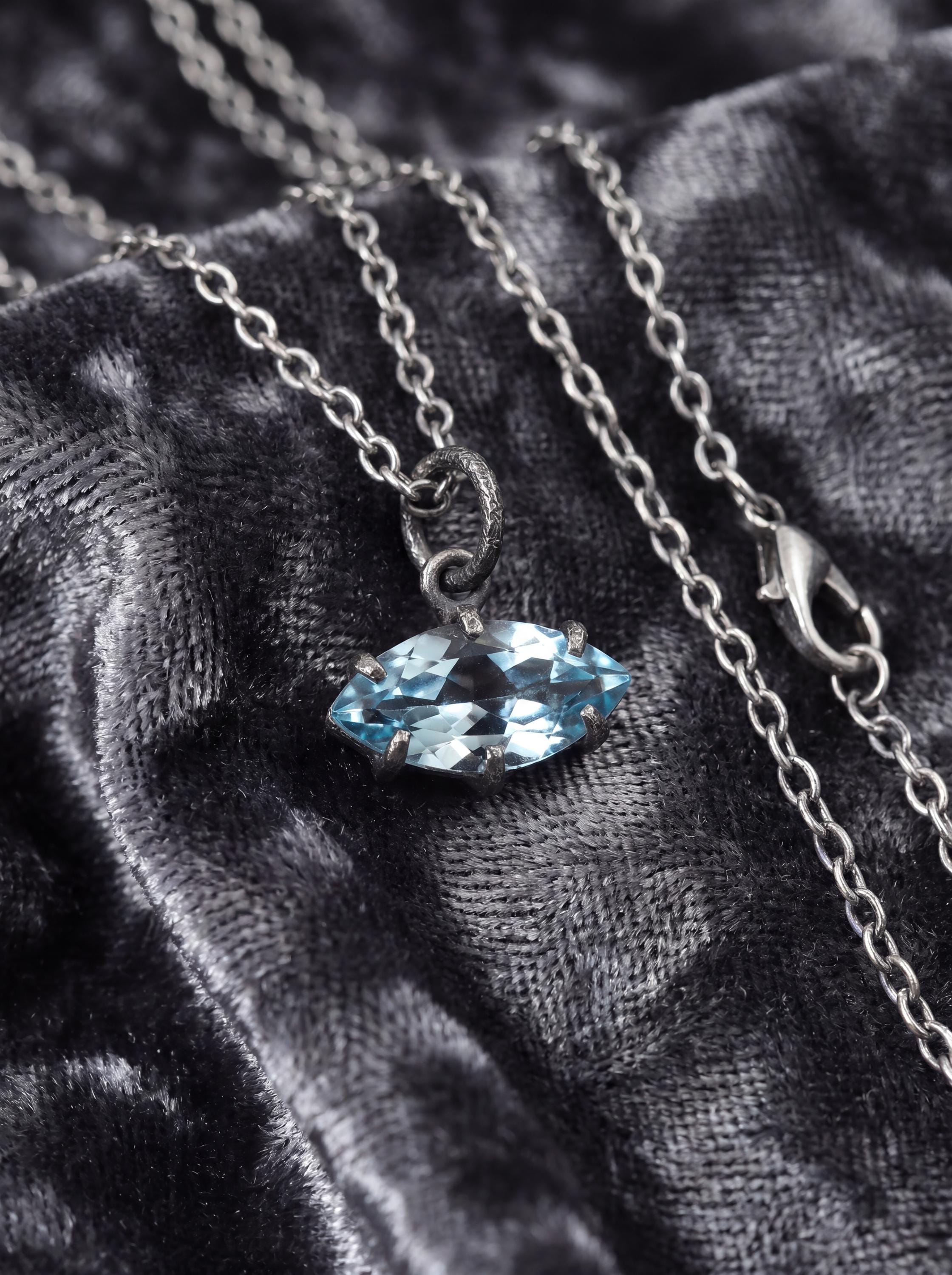 Claw Set Blue Topaz Eye Pendant 925 Sterling Silver Marquise Faceted Necklace Oxidized Sand Texture Throat Chakra December Birthstone Gift