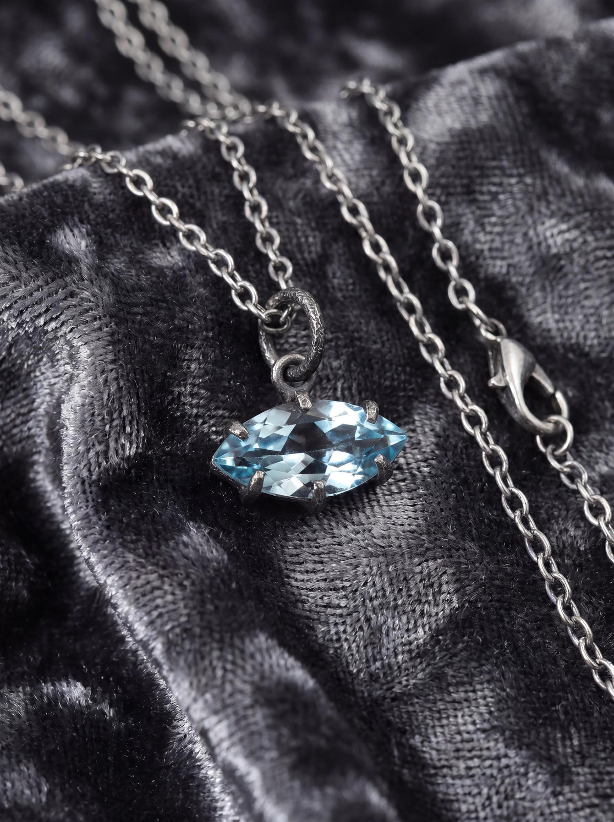 Claw Set Blue Topaz Eye Pendant 925 Sterling Silver Marquise Faceted Necklace Oxidized Sand Texture Throat Chakra December Birthstone Gift