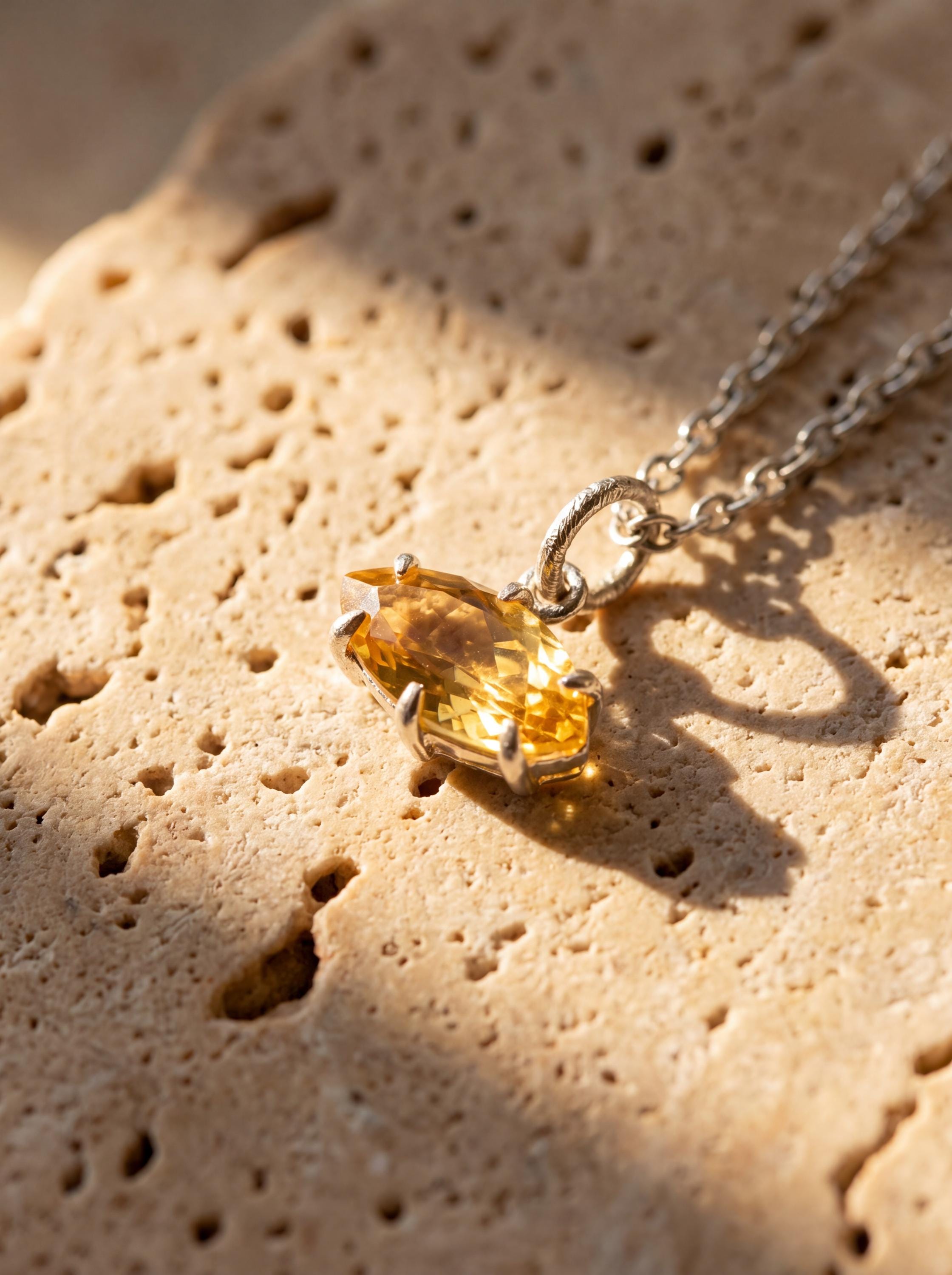 Citrine Marquise Pendant 925 Sterling Silver High Shine Claw Necklace Solar Plexus Chakra Leo Fire Gift