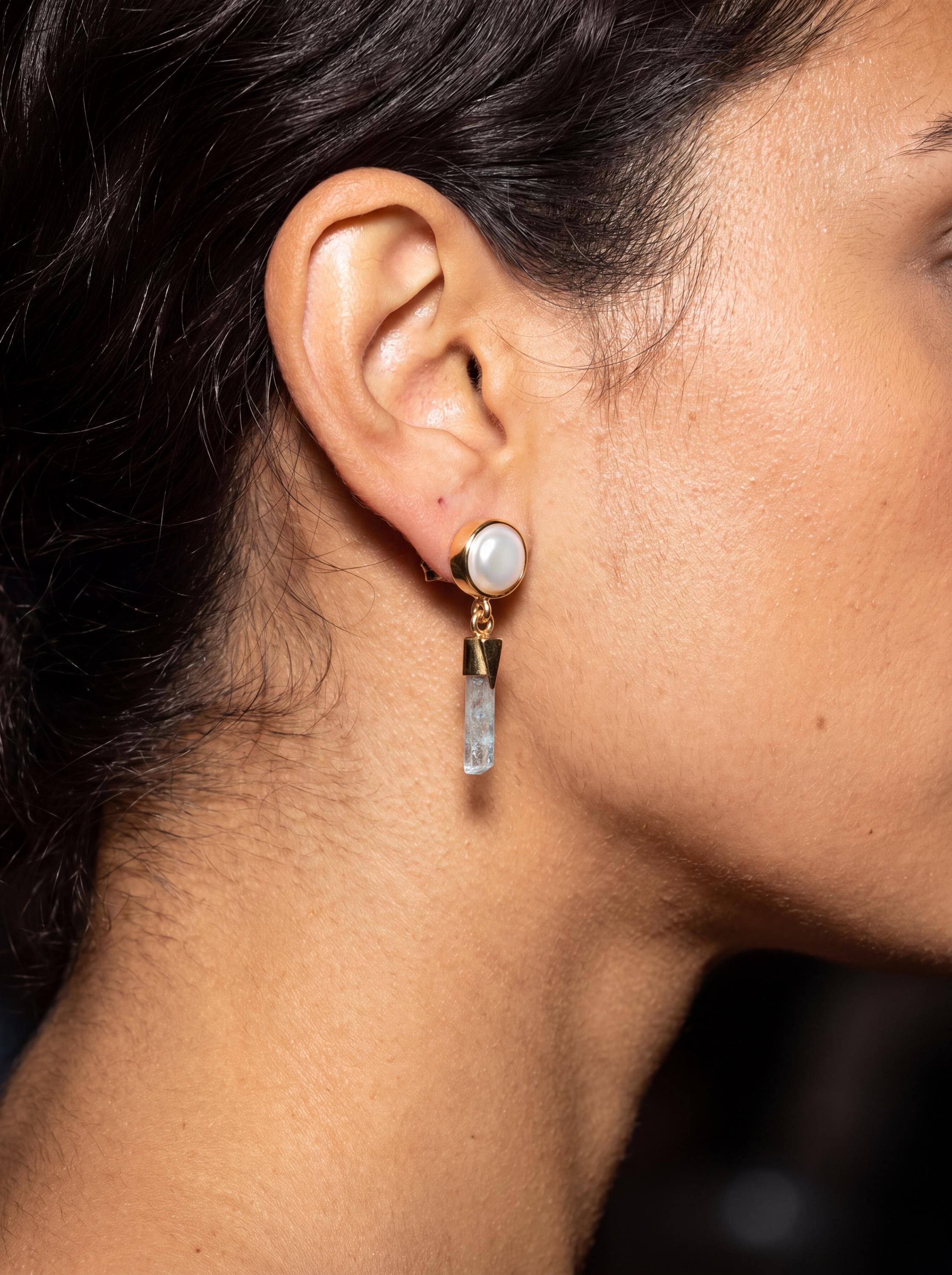South Sea Pearl Aquamarine Earrings, 18k Gold Plated Sterling Silver Dangles