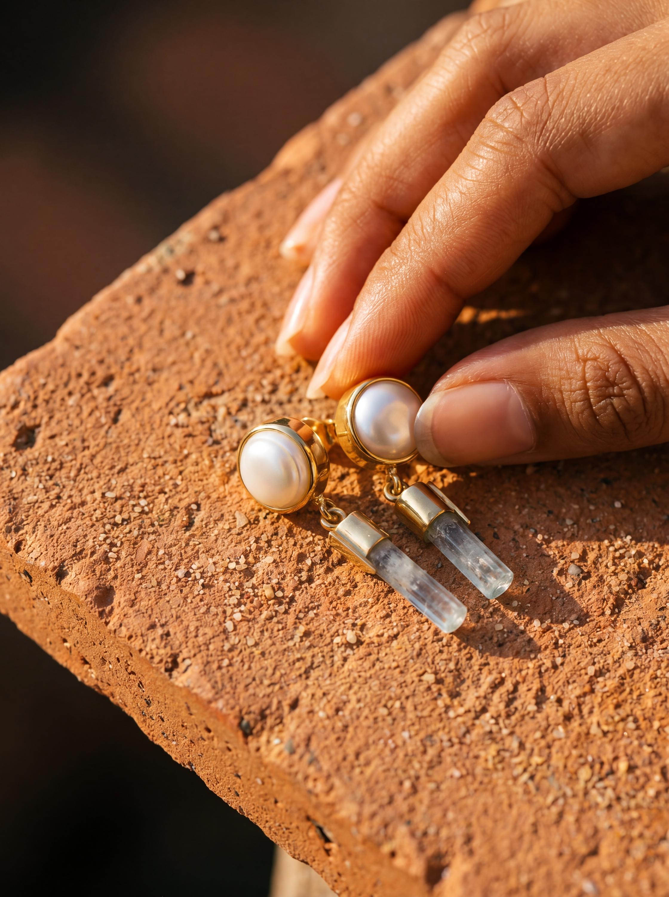 South Sea Pearl Aquamarine Earrings, 18k Gold Plated Sterling Silver Dangles