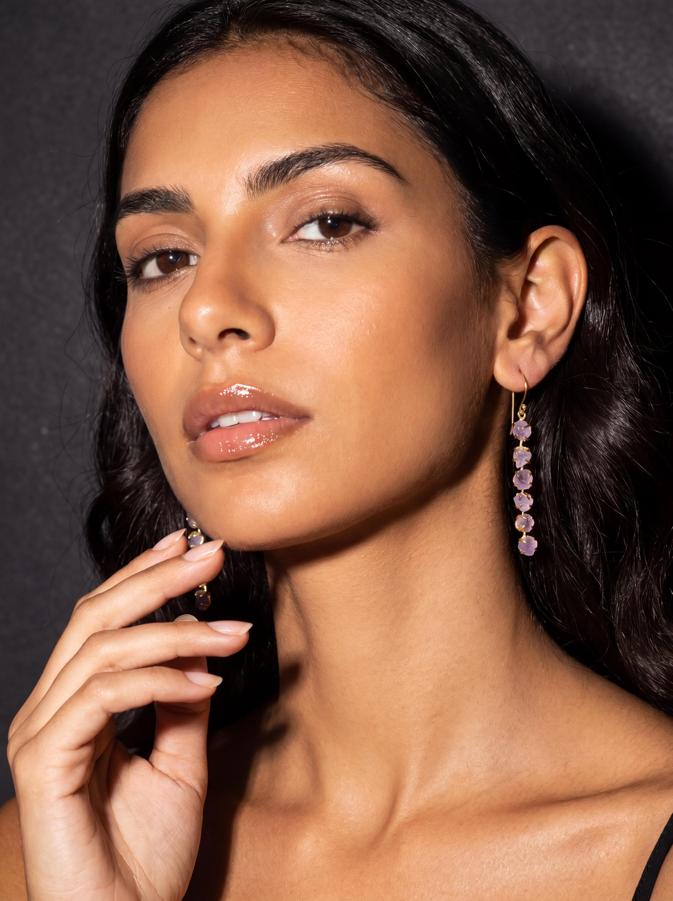 Raw Amethyst Dangle Earrings, 18K Gold Plated Sterling Silver, Healing Jewelry