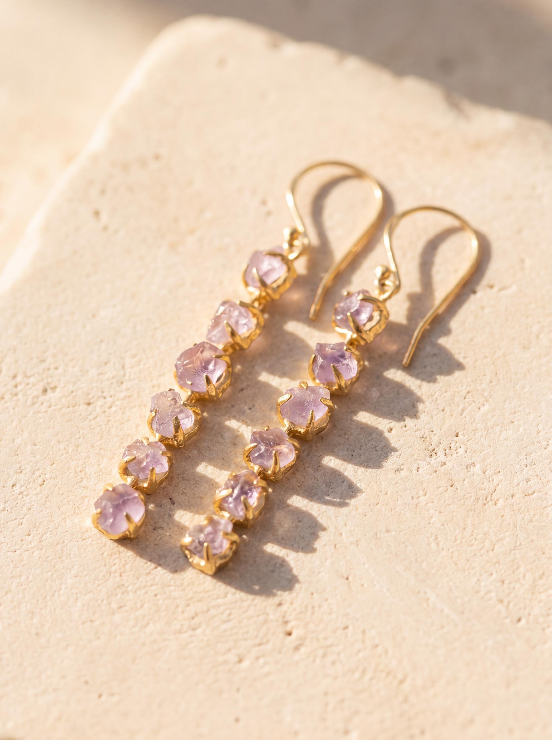 Raw Amethyst Dangle Earrings, 18K Gold Plated Sterling Silver, Healing Jewelry