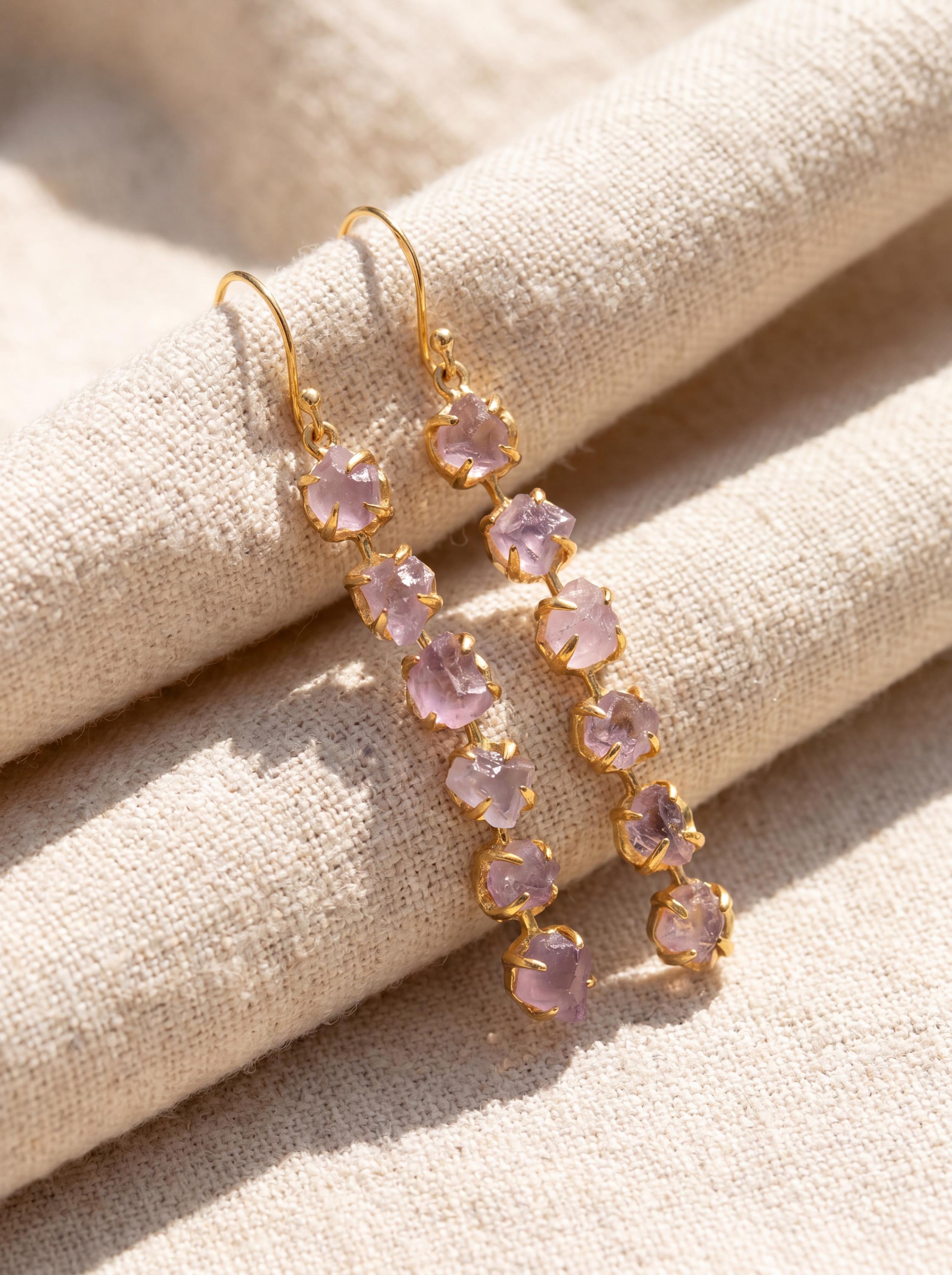 Raw Amethyst Dangle Earrings, 18K Gold Plated Sterling Silver, Healing Jewelry