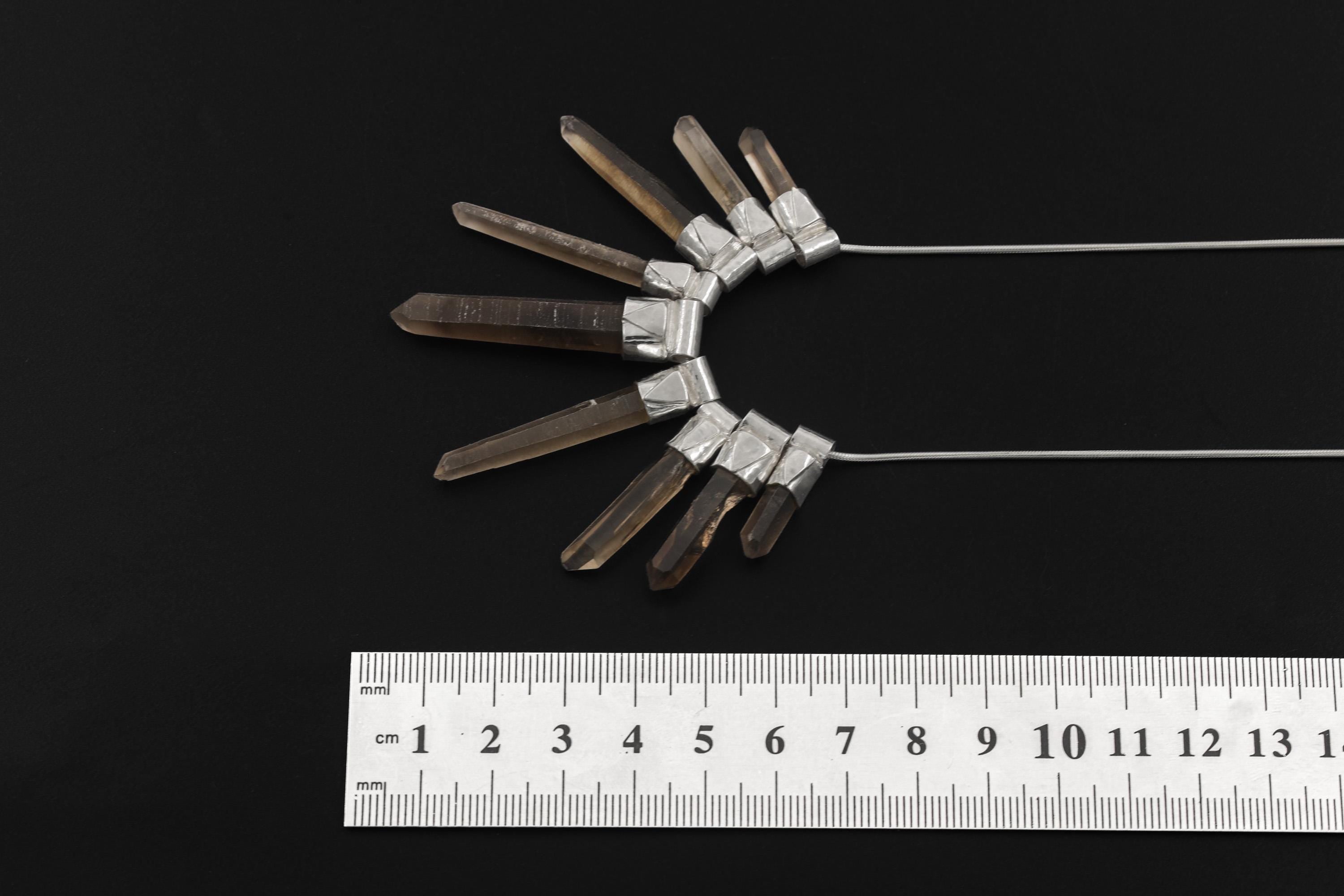 Australian Smoky Citrine Phantom Quartz stack necklace shown beside a ruler for scale, with 16 to 18 inch snake chain.