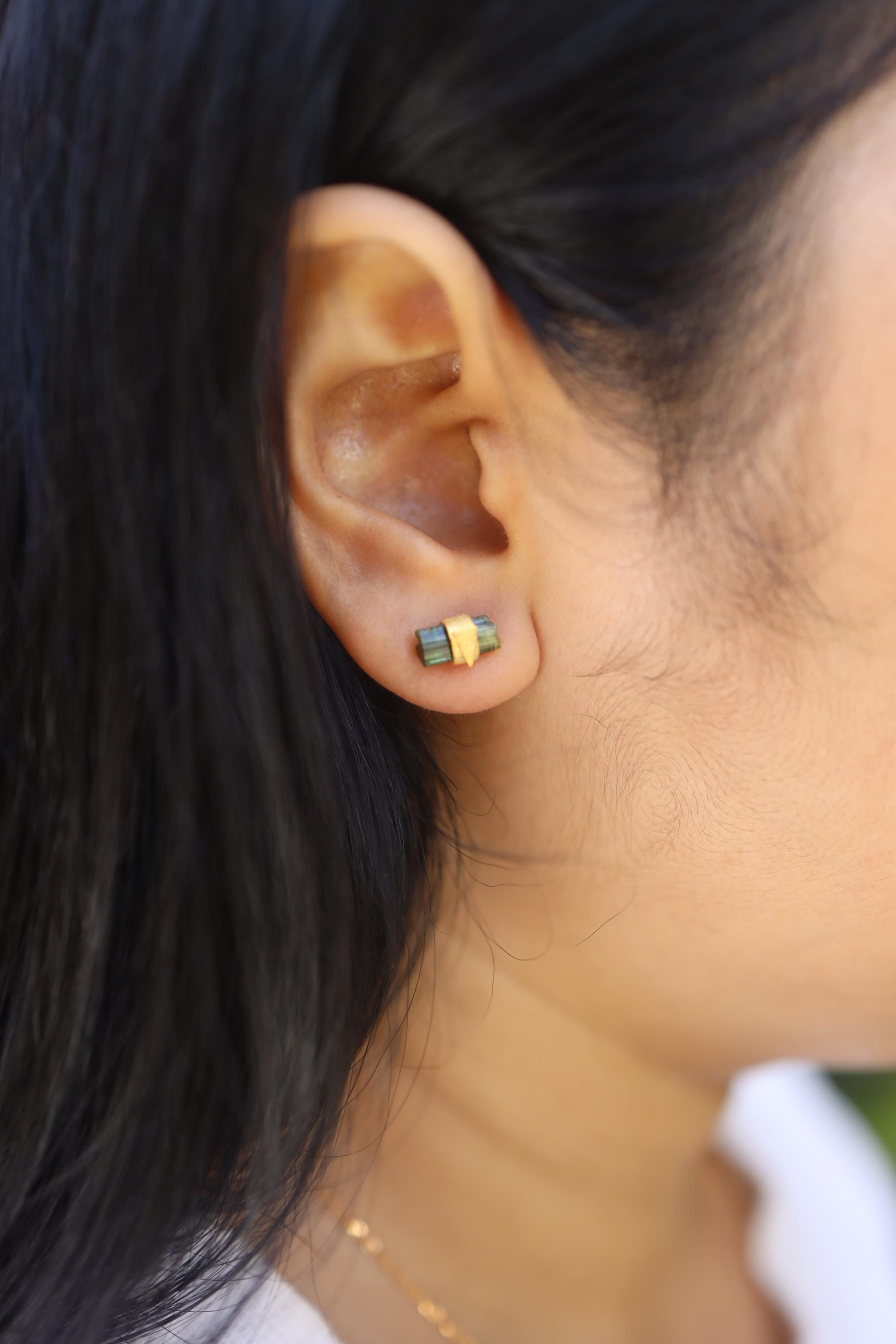 Green Tourmaline Stud Earrings 18k Gold Plated 925 Sterling Silver Triangle Raw Crystal Heart Chakra Gift