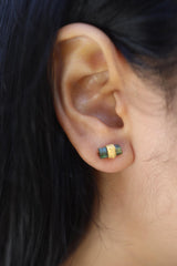 Gold Wrapped Green Tourmaline Ear Studs: Sand Textured Sterling Silver
