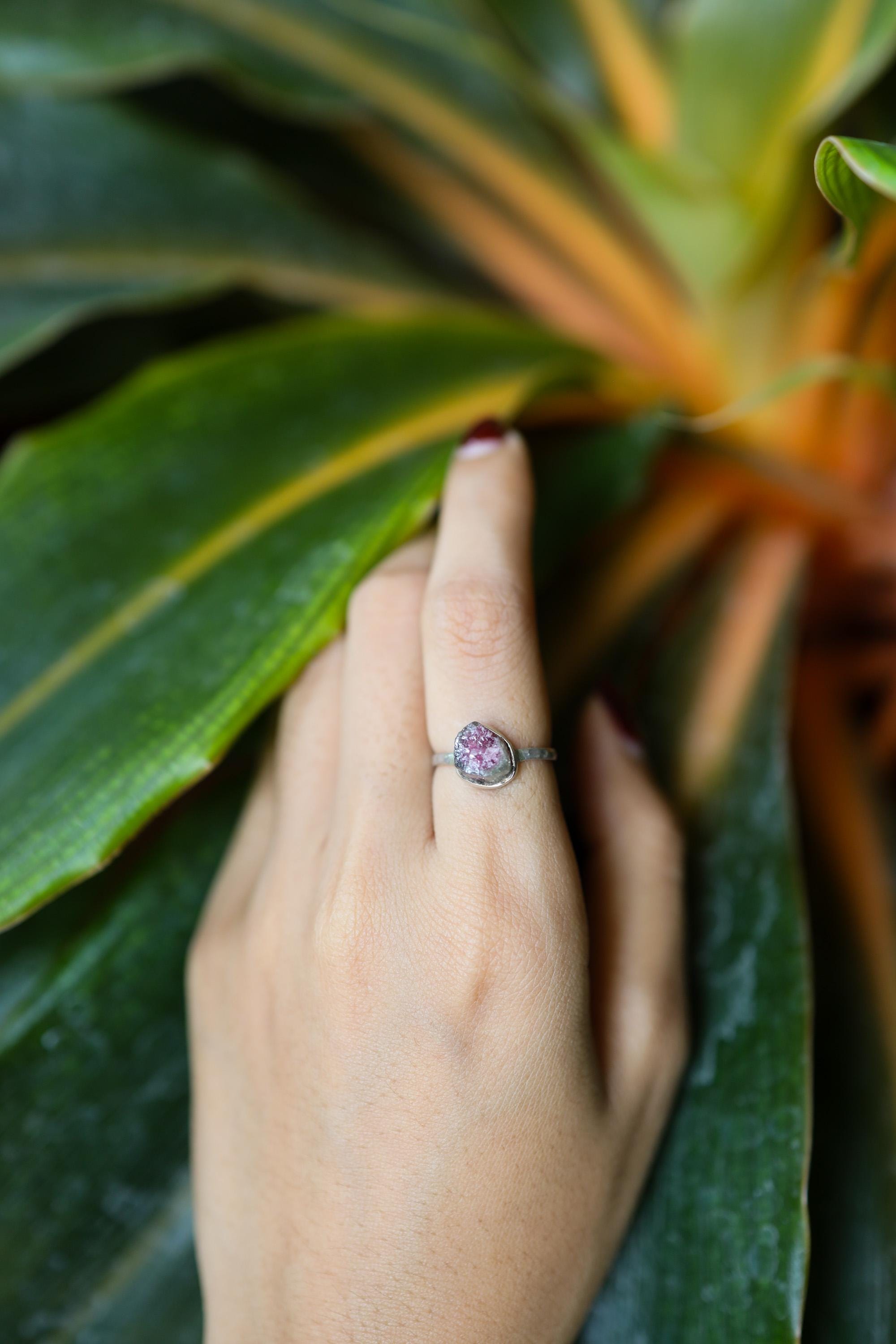 Pink Tourmaline Crystal Ring: Hammered Sterling Silver, Size 4 3/4