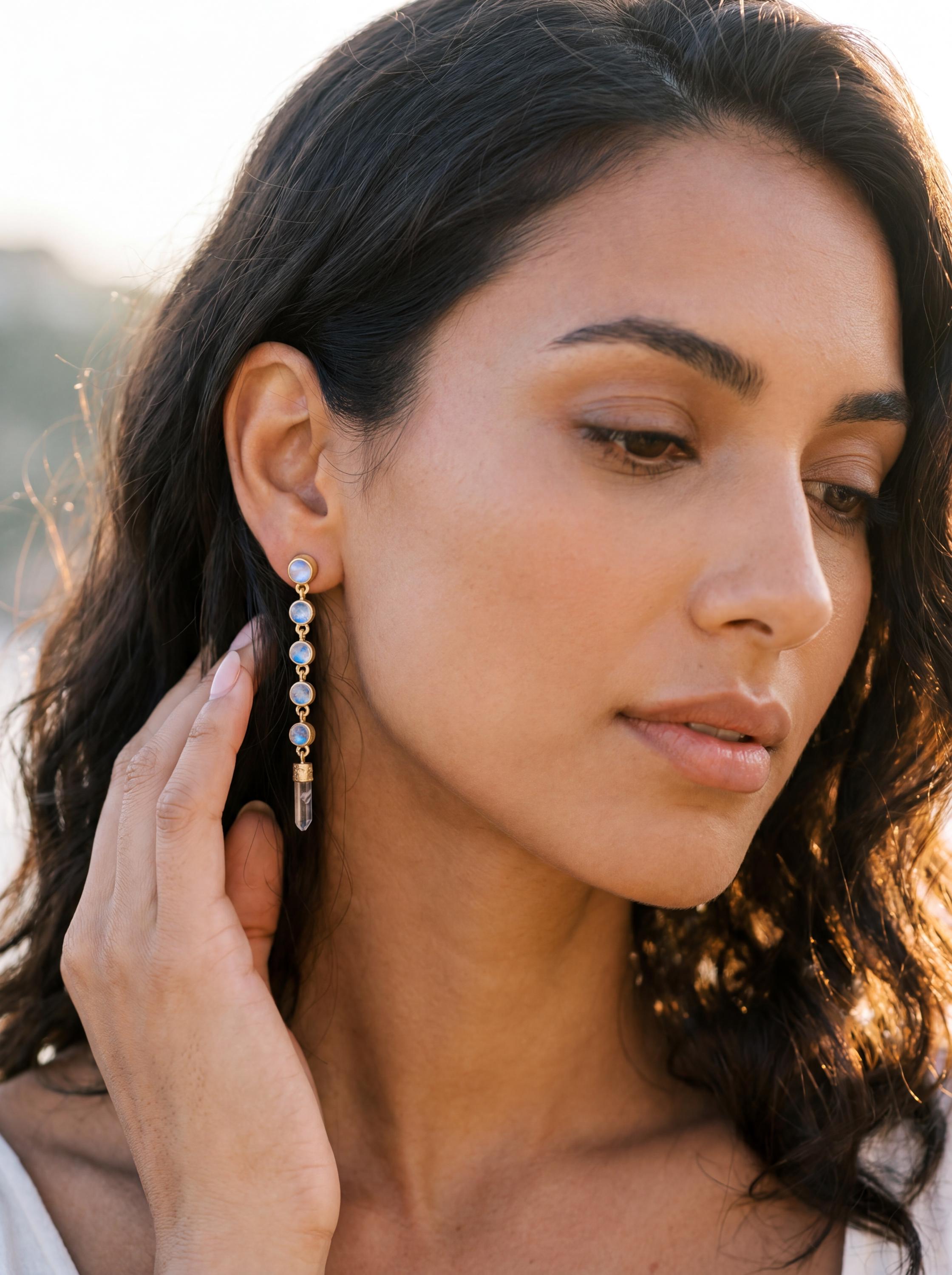 Blue Moonstone & Quartz Drop Earrings, Sand Textured Gold Plated Sterling Silver