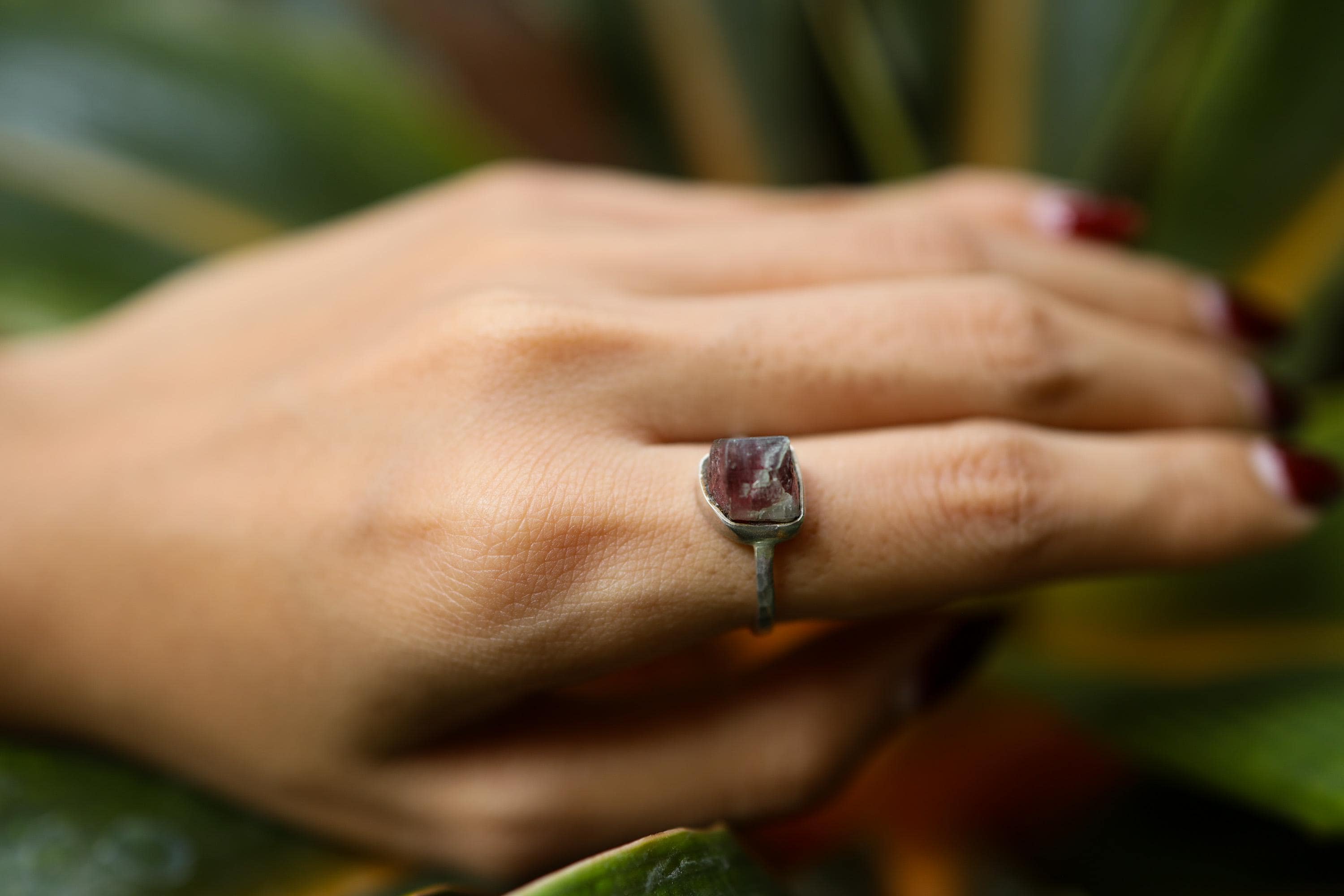 Pink Tourmaline Ring: 925 Sterling Silver, Hammered Band, Size 6