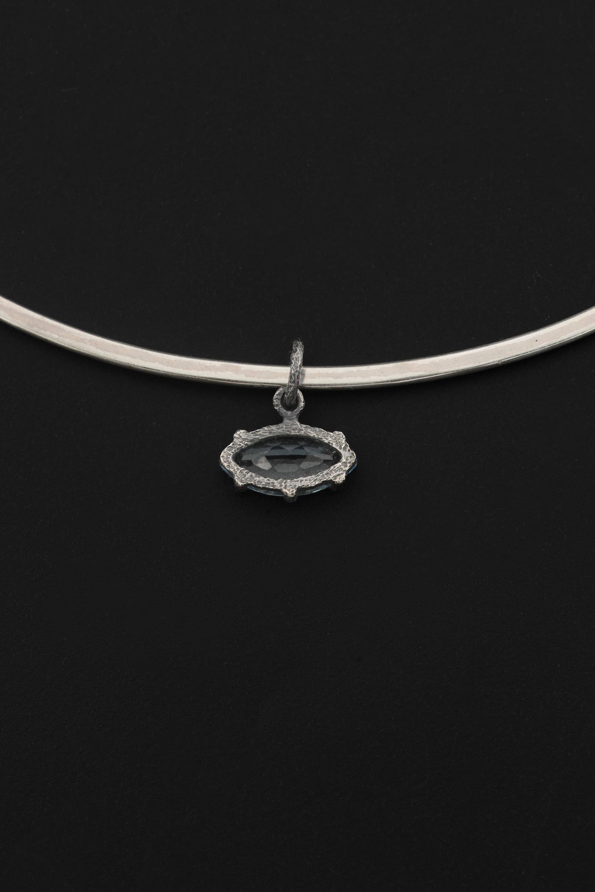 Claw Set Blue Topaz Eye Pendant 925 Sterling Silver Marquise Faceted Necklace Oxidized Sand Texture Throat Chakra December Birthstone Gift