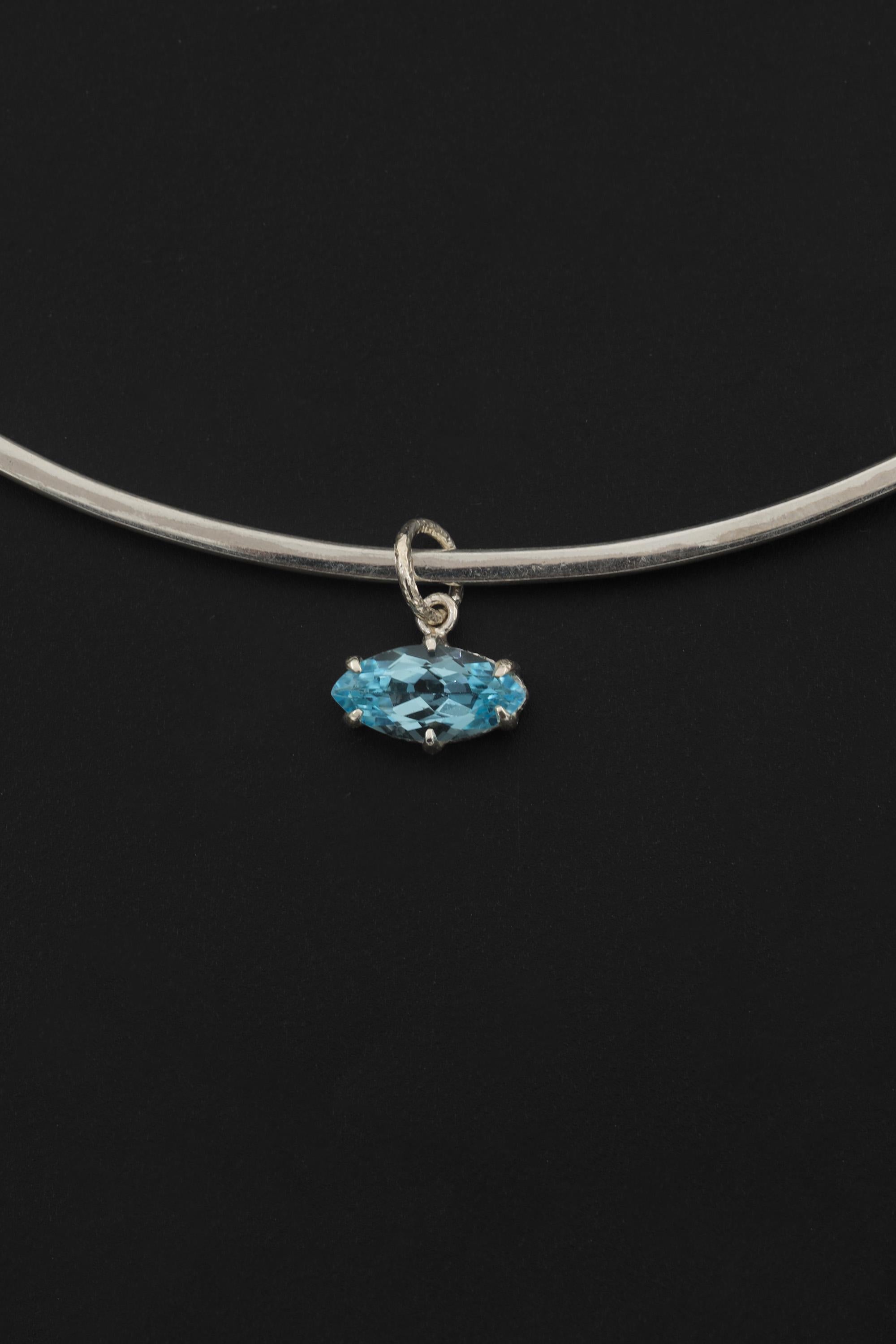 Blue Topaz Eye Pendant 925 Silver Marquise Faceted Claw Set Necklace Shiny Sand Texture Sky Blue Gemstone Throat Chakra Jewelry