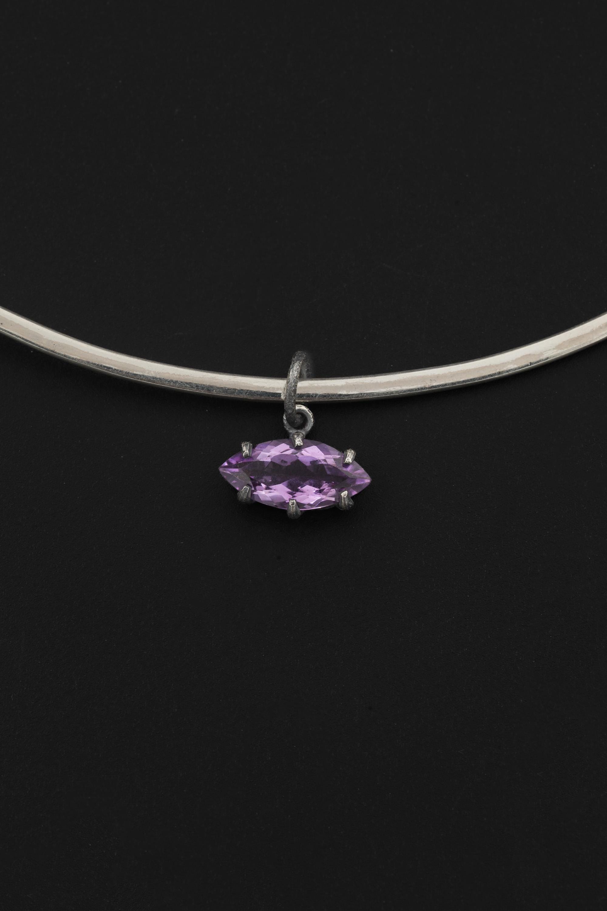 Amethyst Eye Pendant, Oxidized 925 Silver, Sand Texture