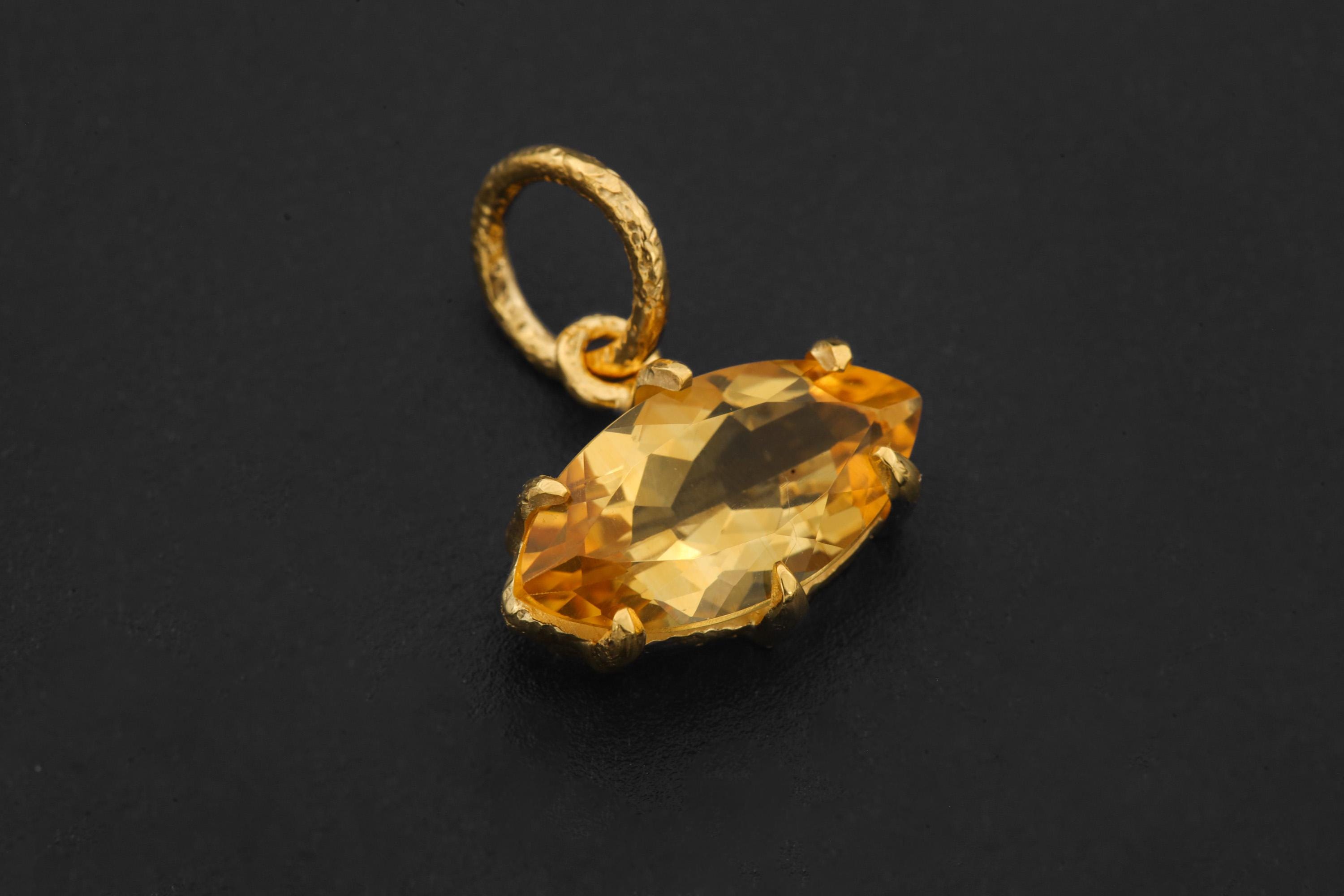 Claw Set Natural citrine Eye Pendant, Gold Plated 925 Sterling Sand textured Silver, Faceted Marquise Crystal, Throat Chakra December Gift