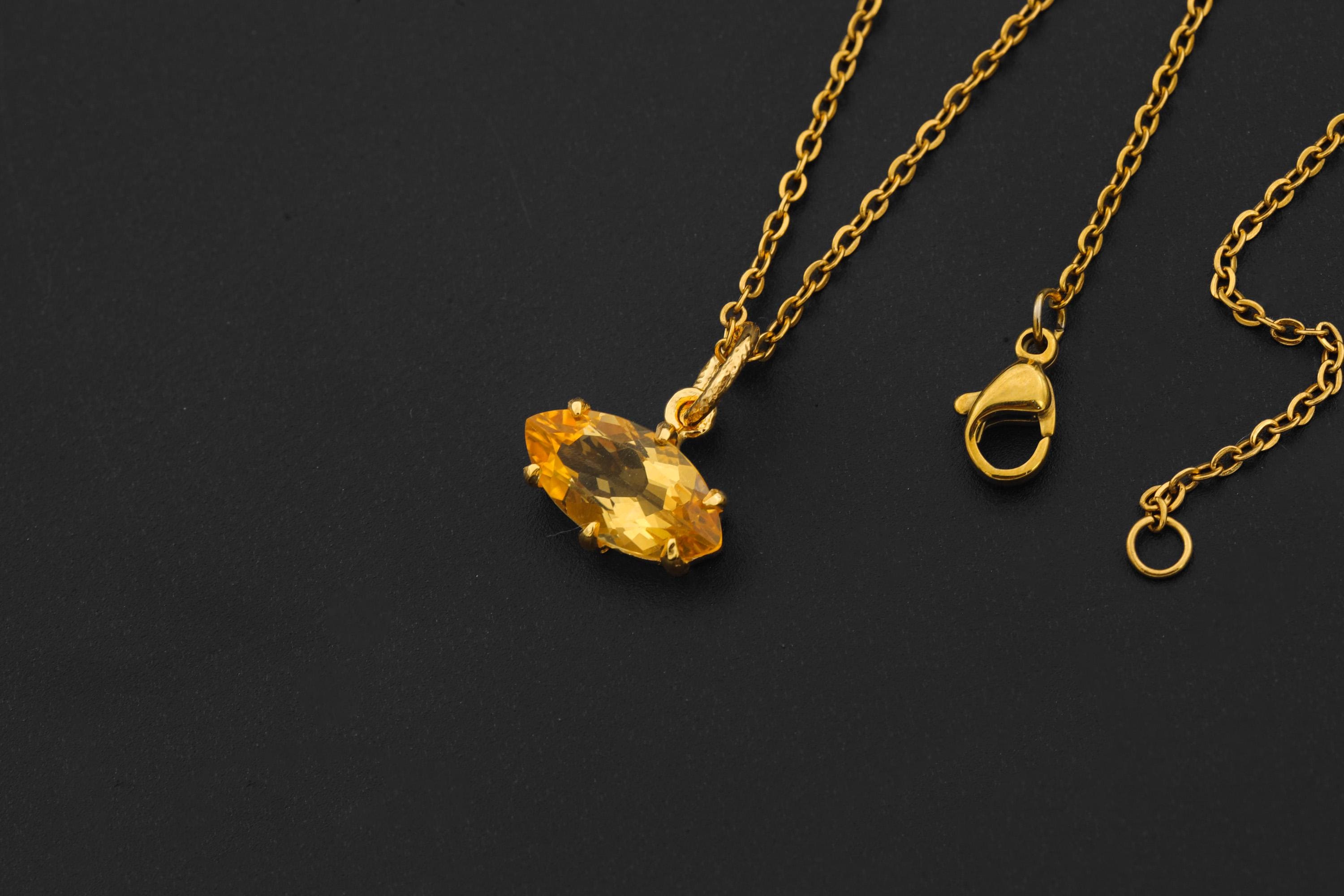 Claw Set Natural citrine Eye Pendant, Gold Plated 925 Sterling Sand textured Silver, Faceted Marquise Crystal, Throat Chakra December Gift