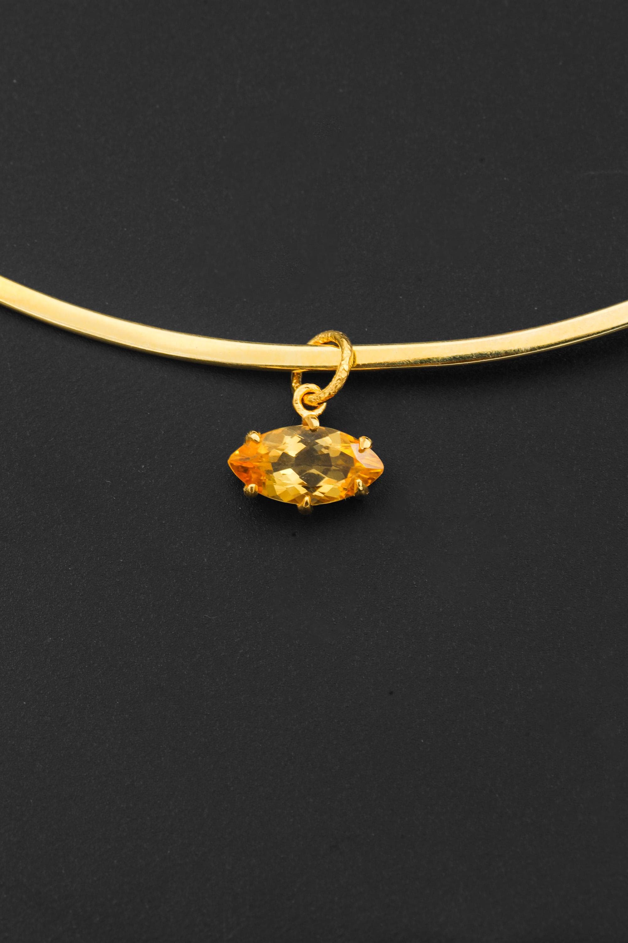 Claw Set Natural citrine Eye Pendant, Gold Plated 925 Sterling Sand textured Silver, Faceted Marquise Crystal, Throat Chakra December Gift