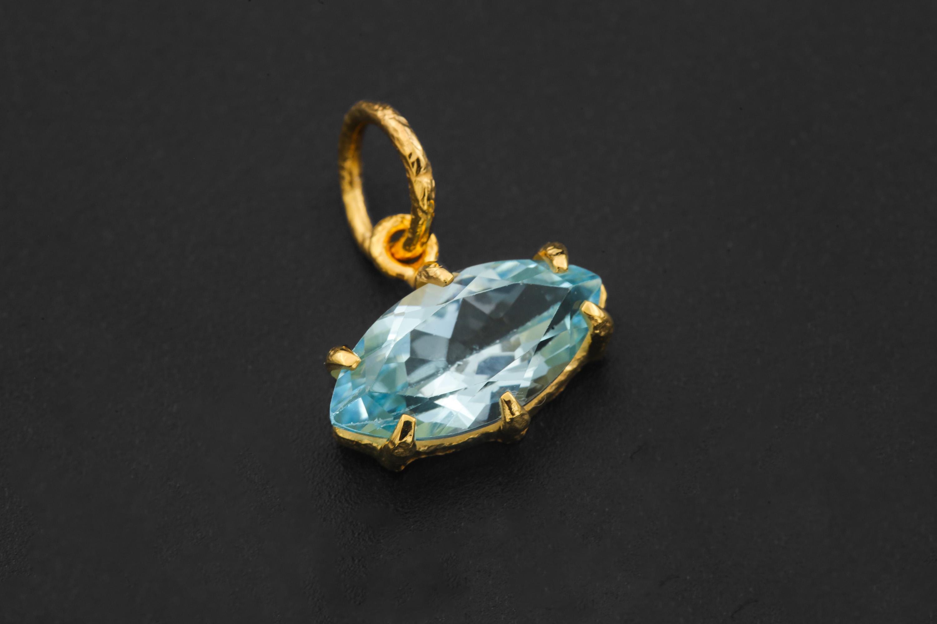 Faceted Blue Topaz Pendant 925 Silver Gold Plated Eye Shape Crystal Necklace Sagittarius Scorpio Jewelry