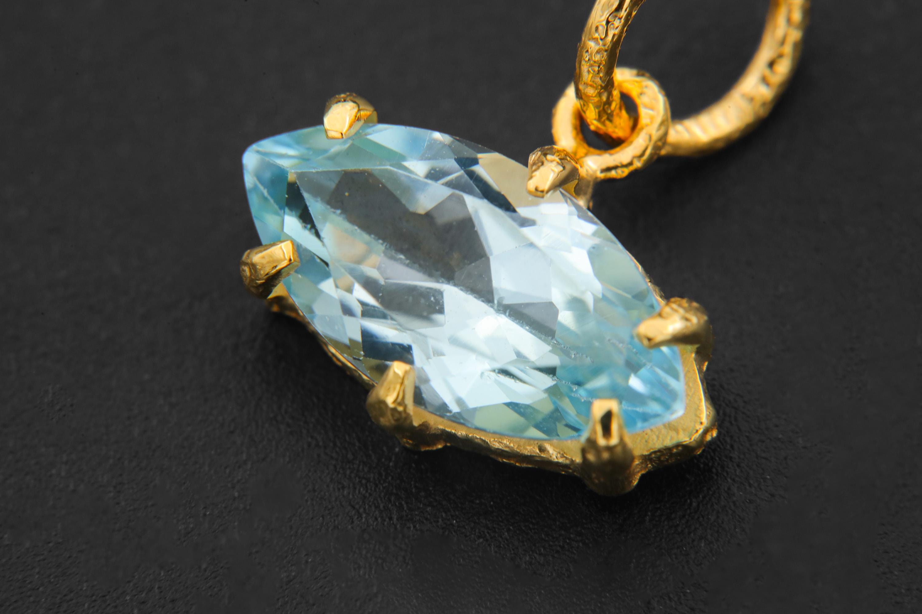 Faceted Blue Topaz Pendant 925 Silver Gold Plated Eye Shape Crystal Necklace Sagittarius Scorpio Jewelry