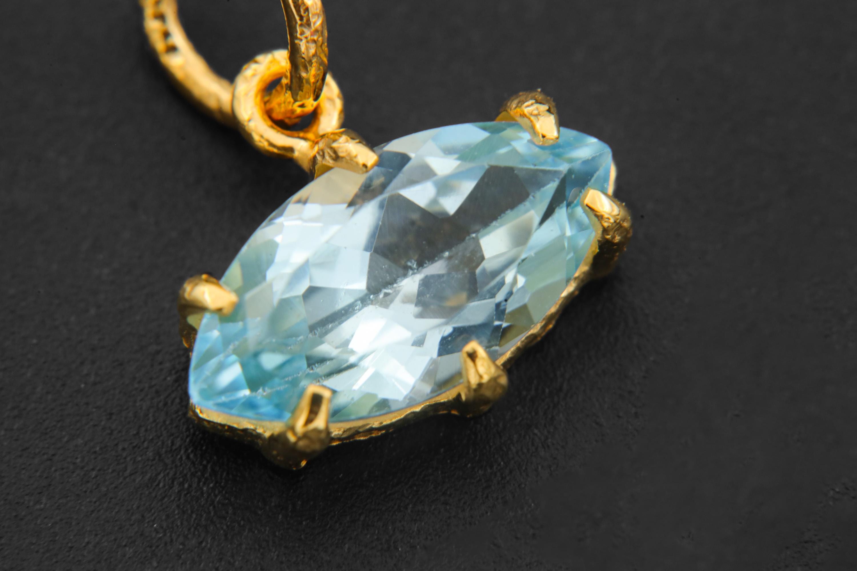 Faceted Blue Topaz Pendant 925 Silver Gold Plated Eye Shape Crystal Necklace Sagittarius Scorpio Jewelry