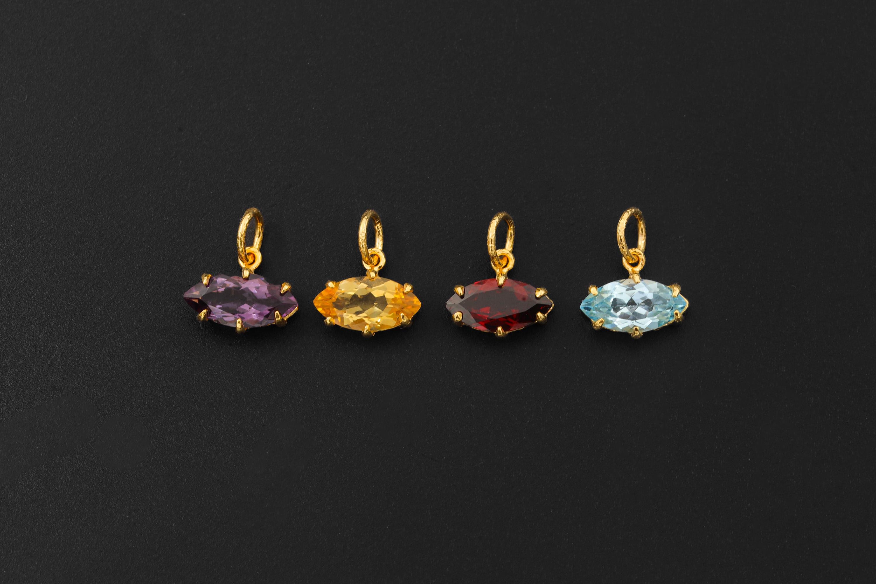 Faceted Blue Topaz Pendant 925 Silver Gold Plated Eye Shape Crystal Necklace Sagittarius Scorpio Jewelry