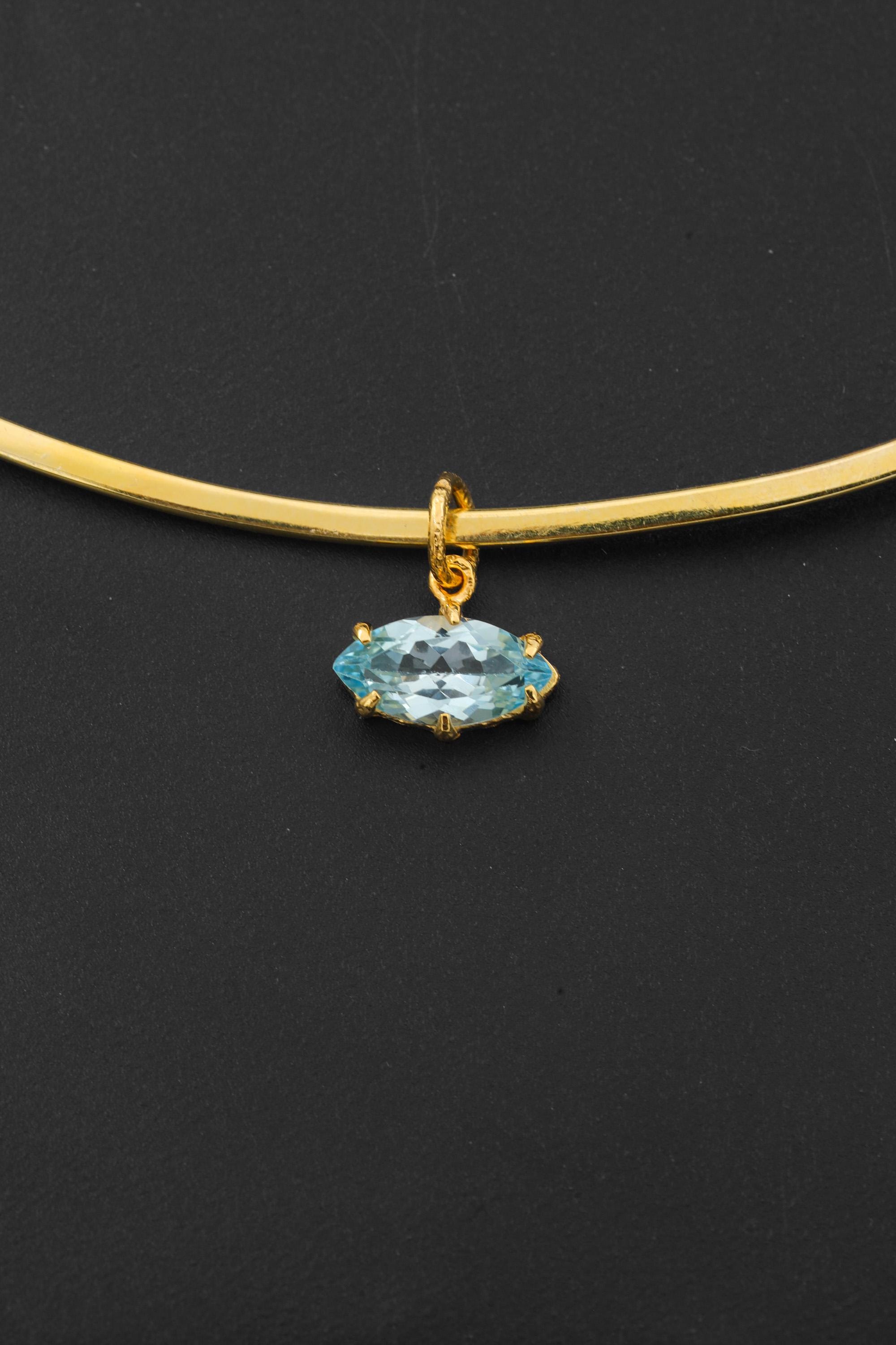 Faceted Blue Topaz Pendant 925 Silver Gold Plated Eye Shape Crystal Necklace Sagittarius Scorpio Jewelry