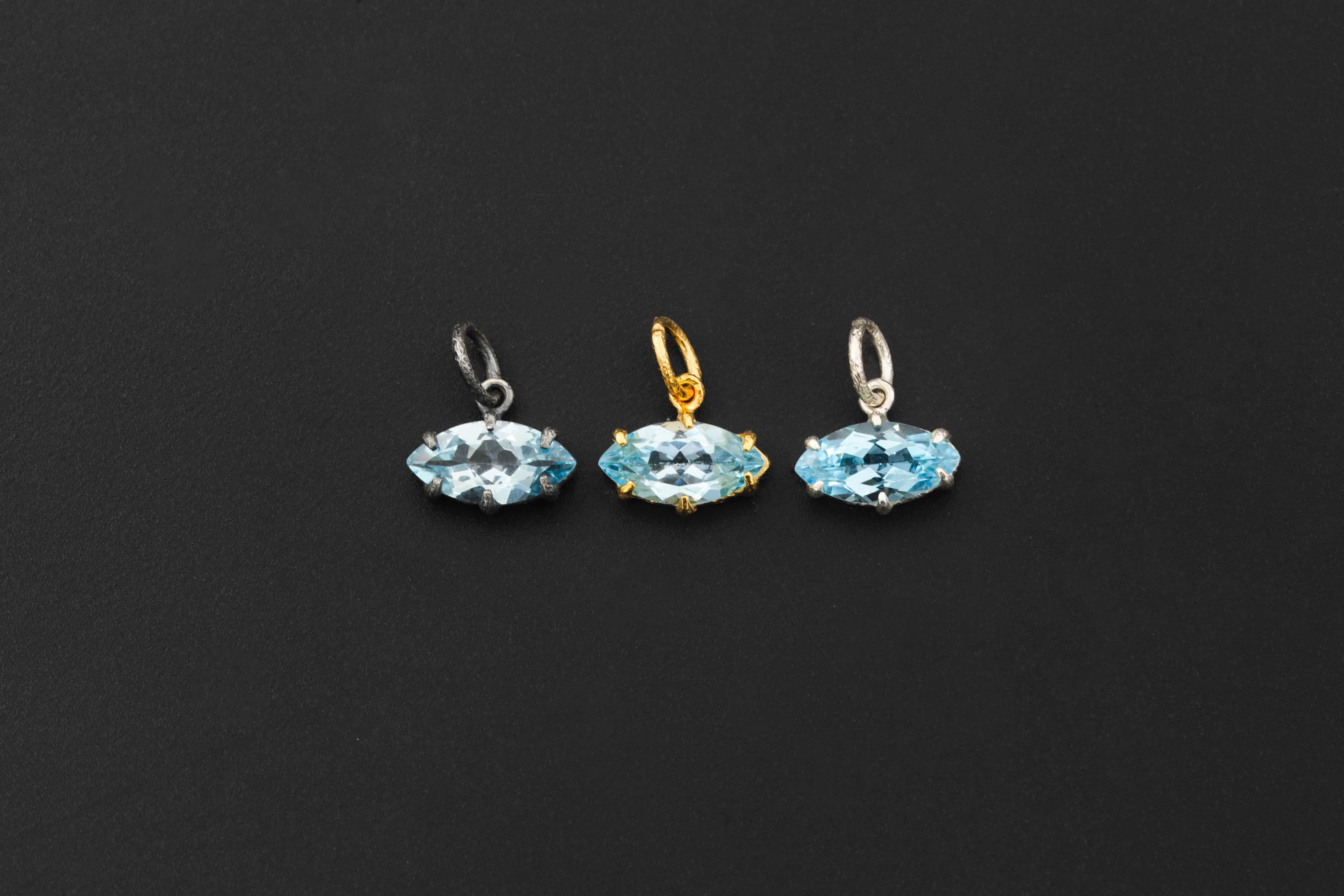 Faceted Blue Topaz Pendant 925 Silver Gold Plated Eye Shape Crystal Necklace Sagittarius Scorpio Jewelry
