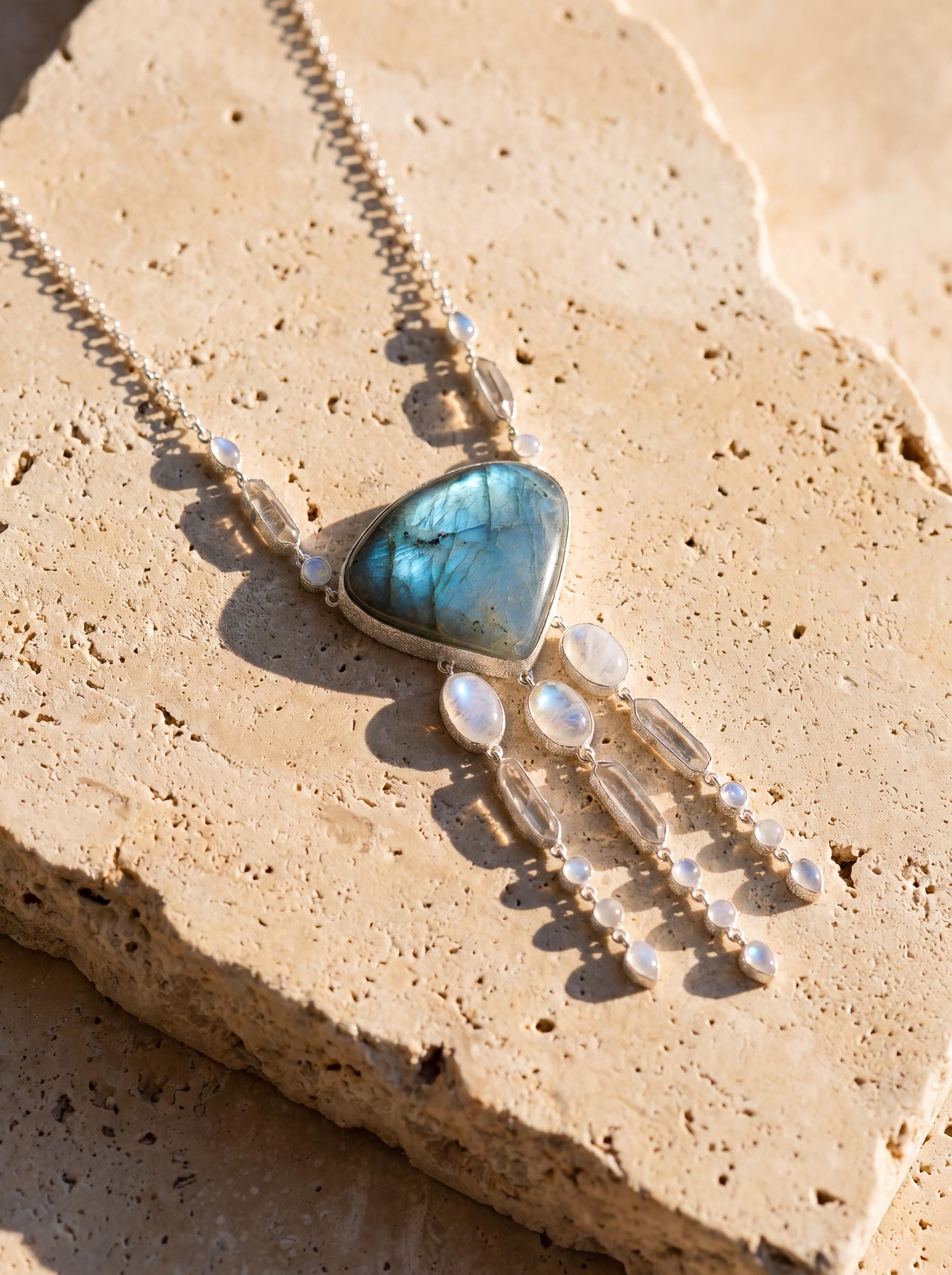 Labradorite Moonstone Quartz Necklace, 925 Sterling Silver Rolo Chain, Handmade