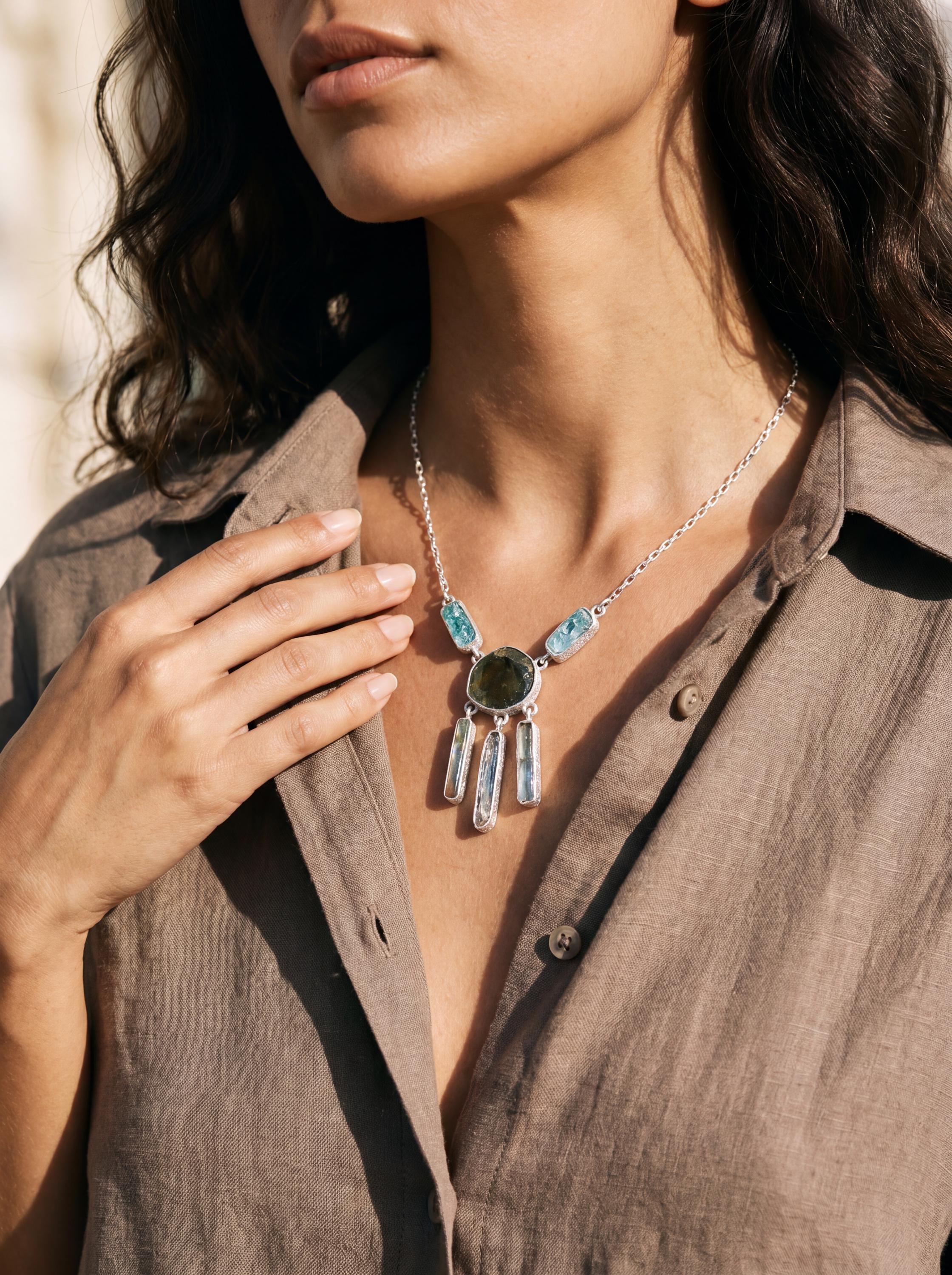 Tourmaline Apatite Aquamarine Necklace, 925 Silver Box Chain, Handmade