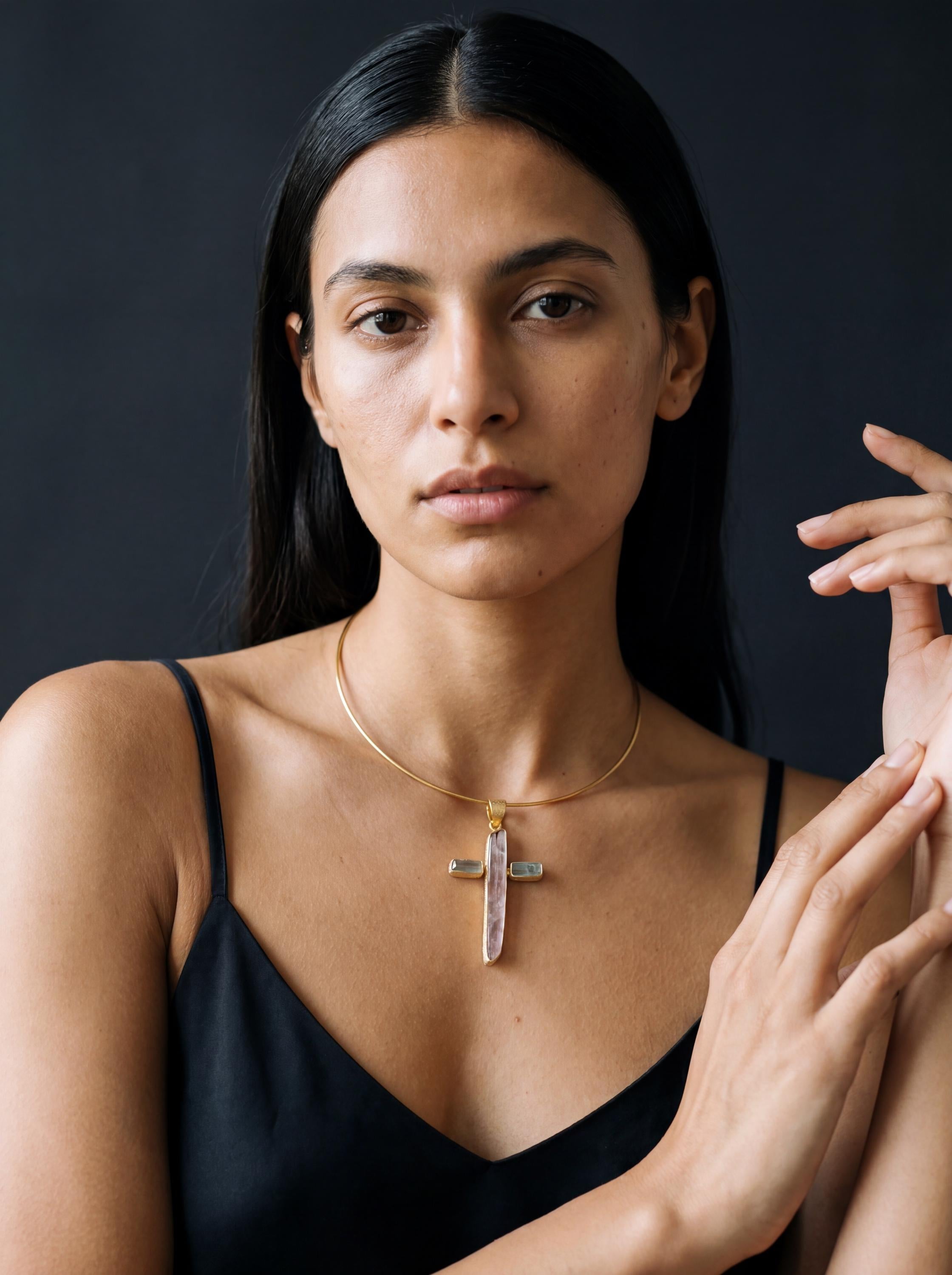 Handmade Kunzite Aquamarine Cross Pendant, 18k Gold Plated Silver