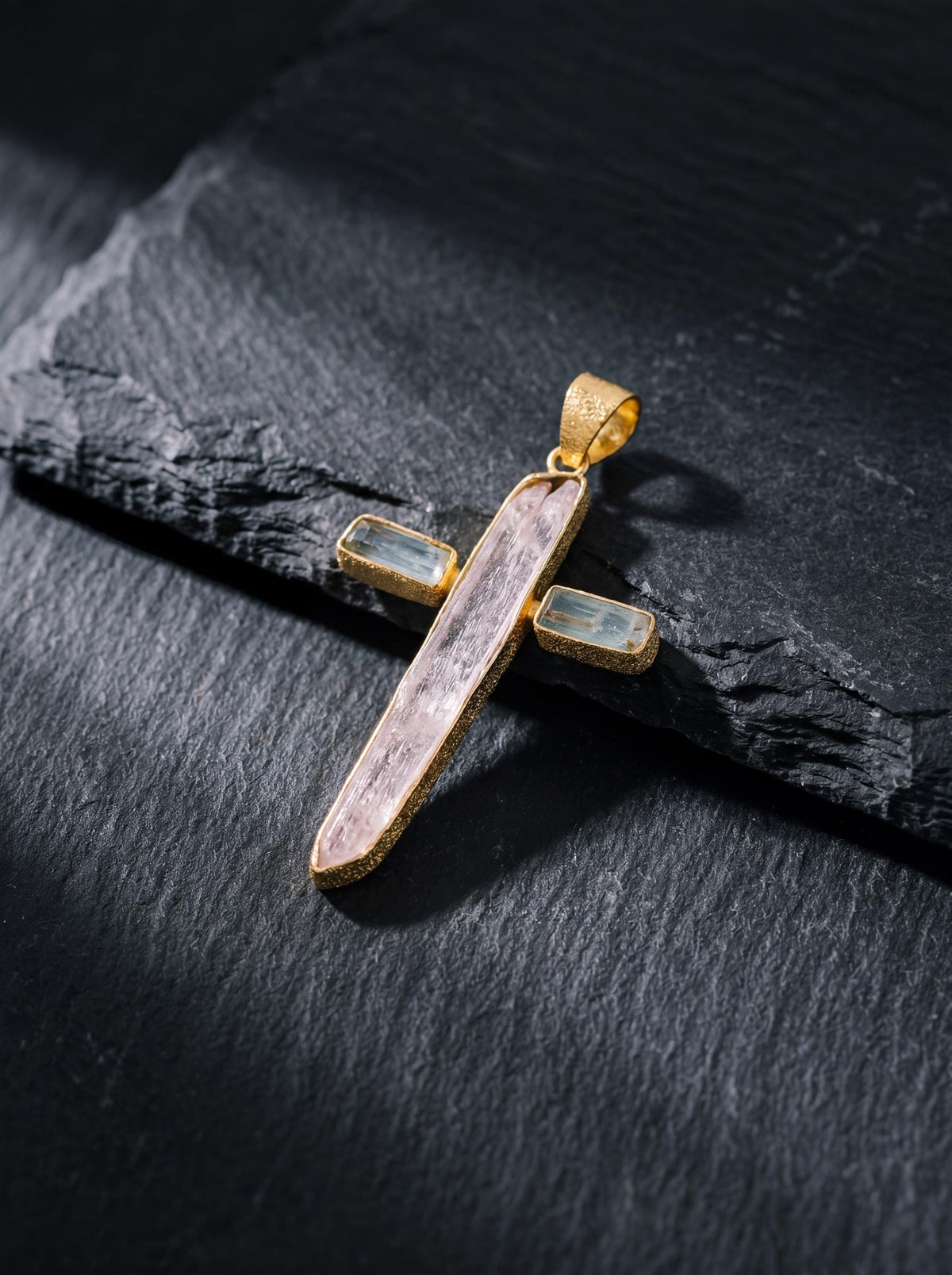 Handmade Kunzite Aquamarine Cross Pendant, 18k Gold Plated Silver