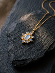 Blue Moonstone Sunflower Pendant, 18K Gold Plated Sterling Silver Necklace, Handmade