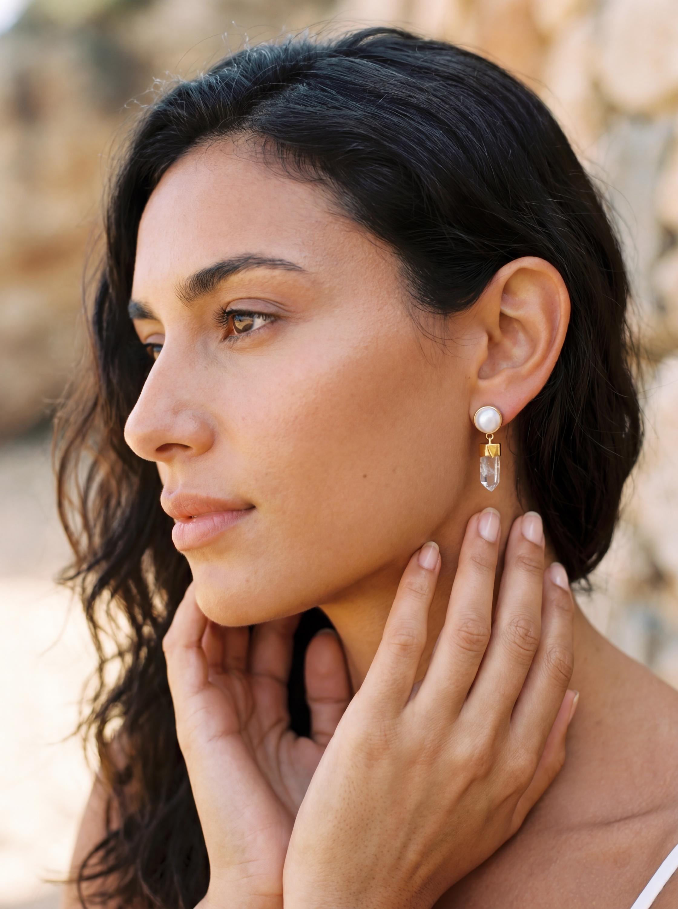 South Sea Pearl & Himalayan Quartz Dangle Studs - Gold Plated Sterling Silver