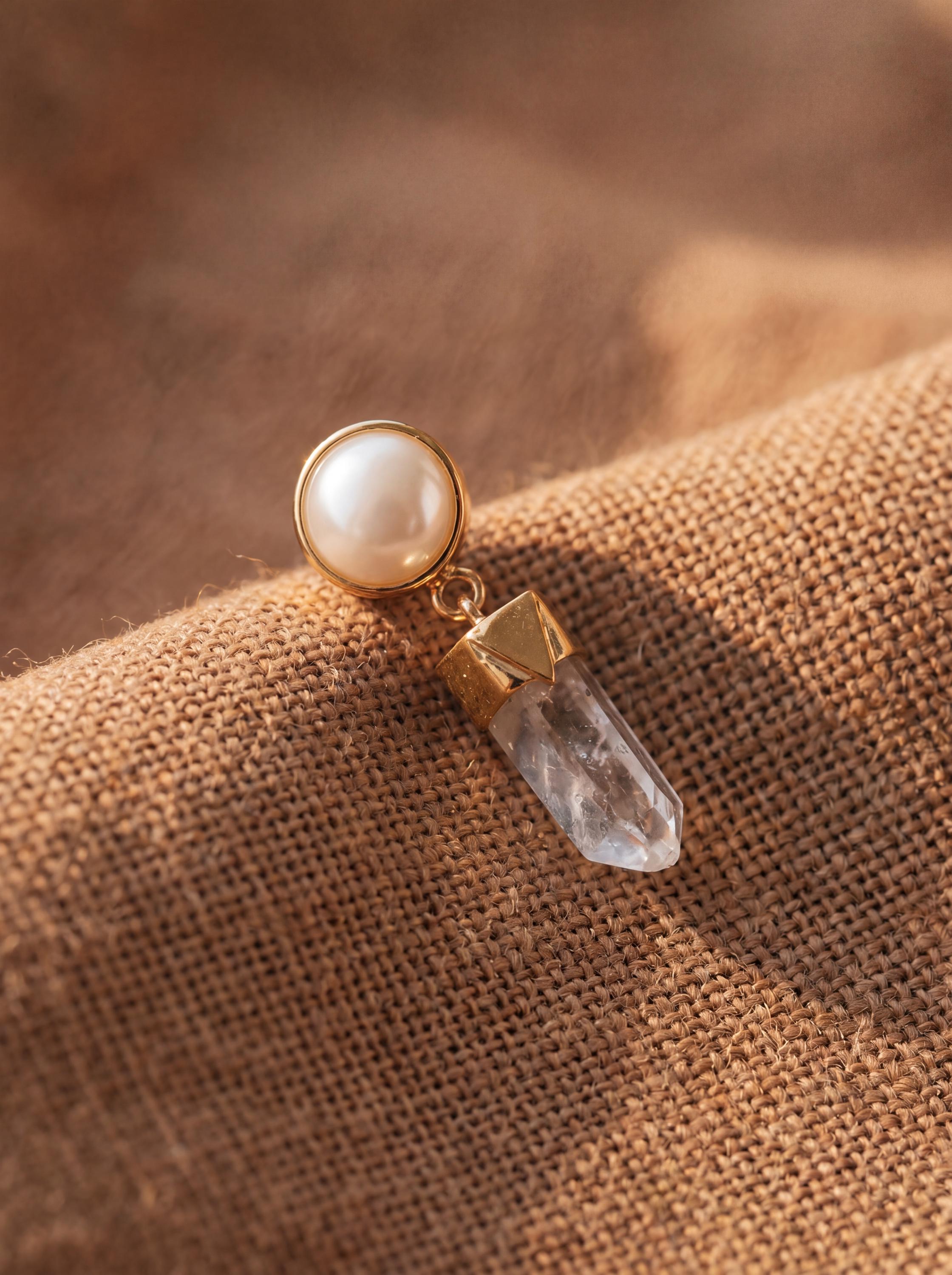 South Sea Pearl & Himalayan Quartz Dangle Studs - Gold Plated Sterling Silver