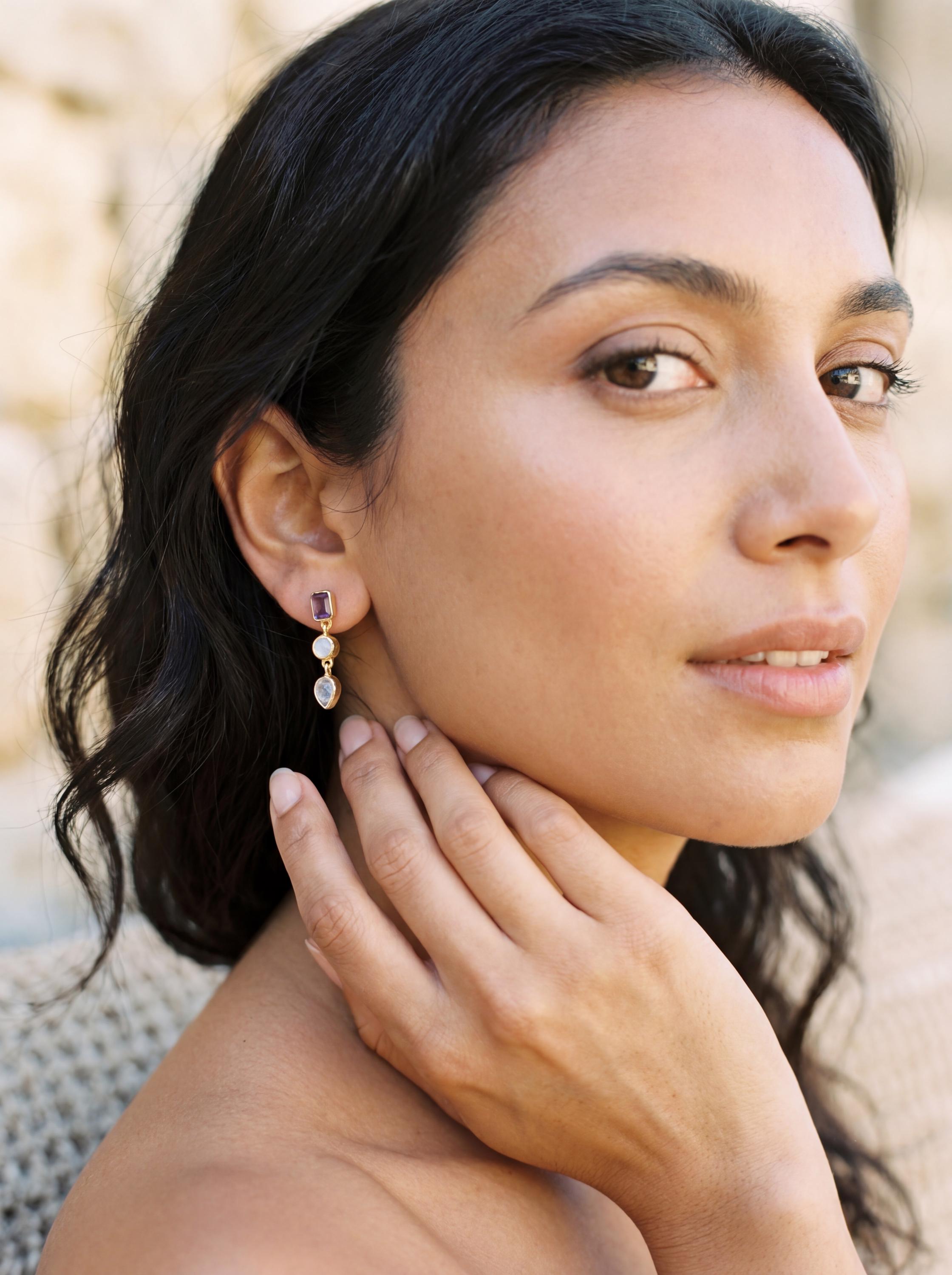 Amethyst Moonstone Drop Earrings, Gold Plated Sterling Silver Studs