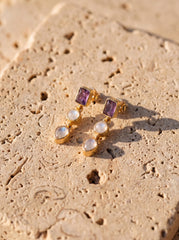 Amethyst Moonstone Drop Earrings, Gold Plated Sterling Silver Studs