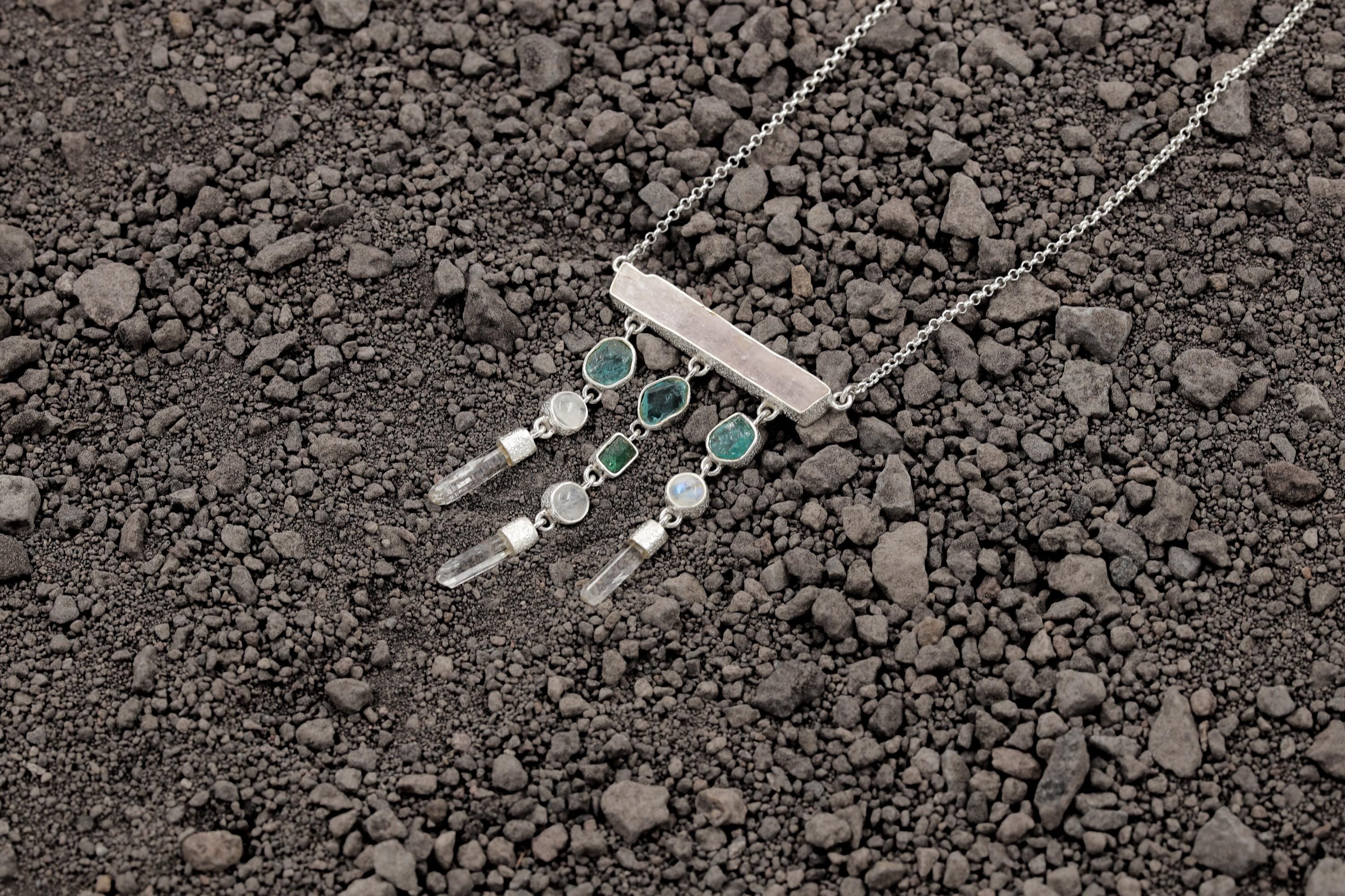 Raw Crystal Dangle Necklace, Kunzite, Apatite, Moonstone, Quartz, 925 Silver