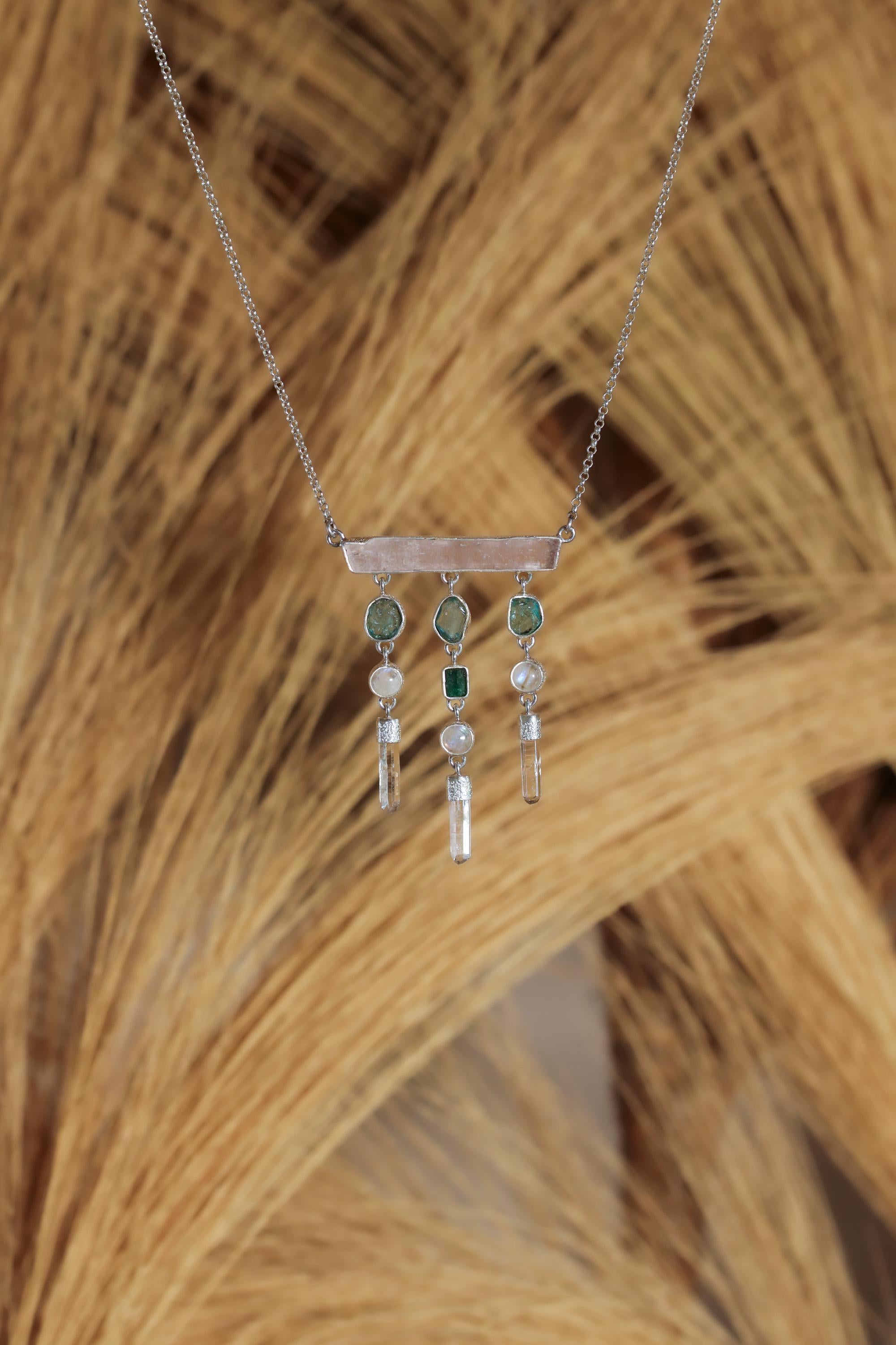 Raw Crystal Dangle Necklace, Kunzite, Apatite, Moonstone, Quartz, 925 Silver