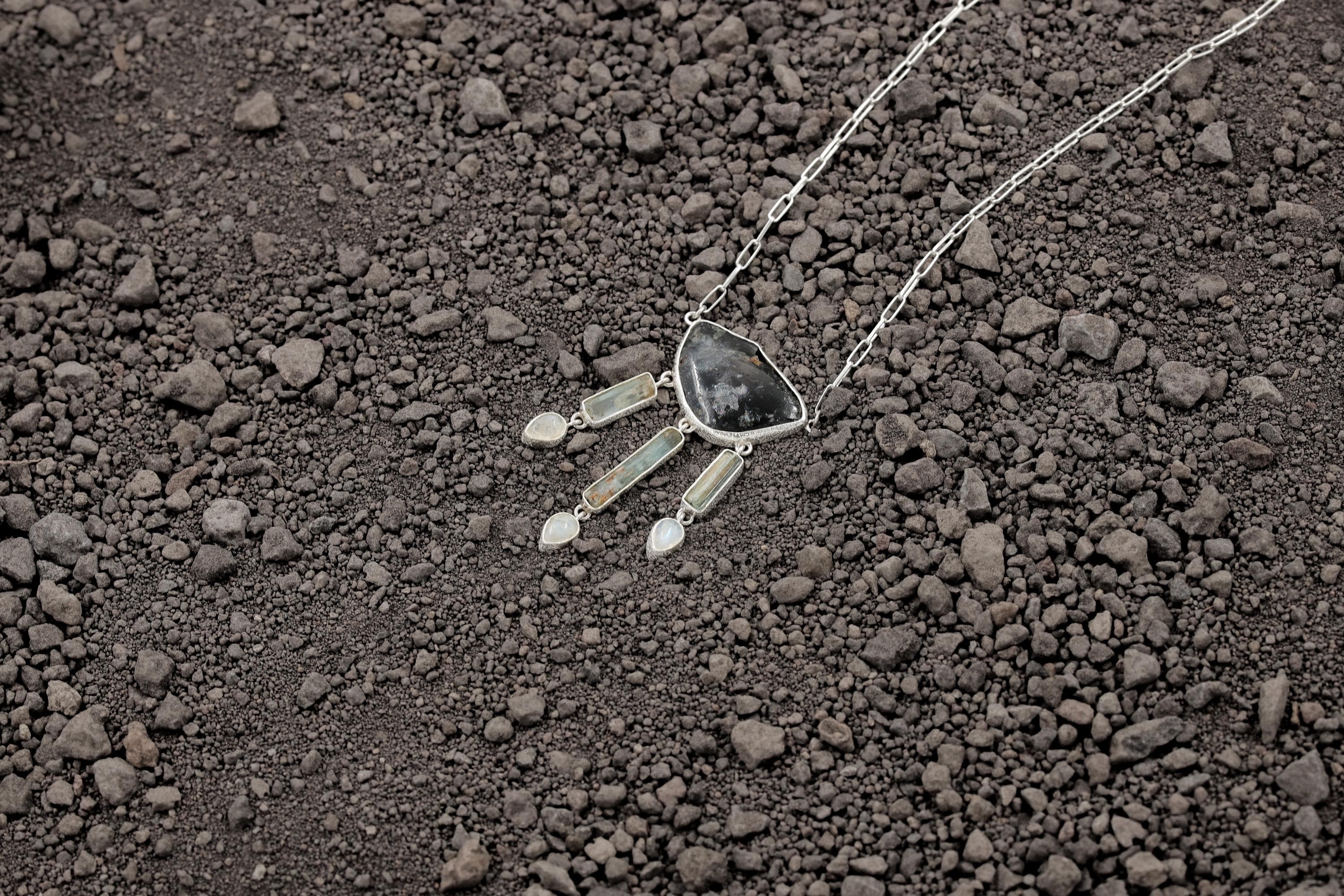 Raw Blue Tourmaline Slice Necklace, Aquamarine Moonstone, 925 Silver