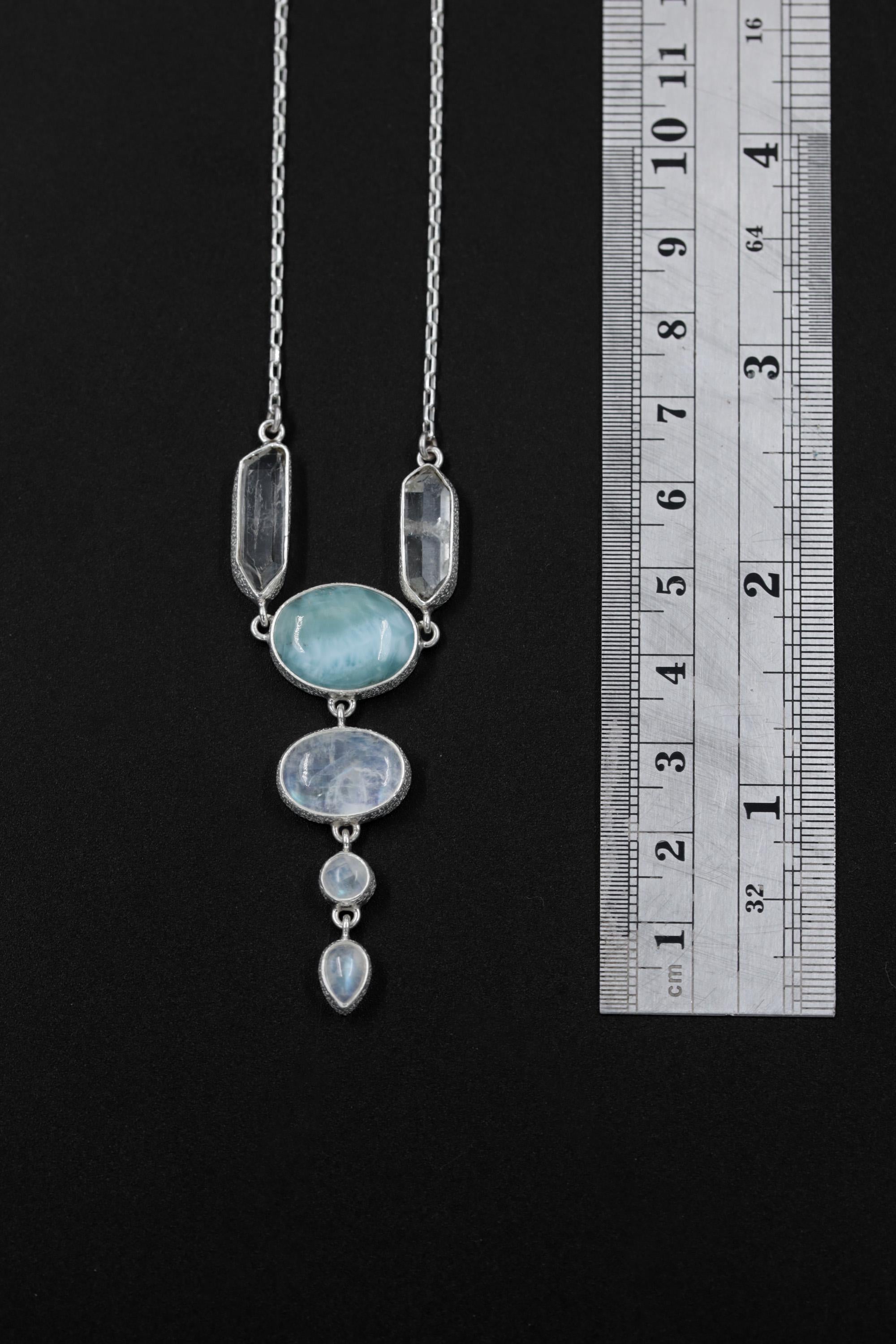 Larimar Moonstone Quartz Necklace, 925 Silver Box Chain, Artisan Pendant